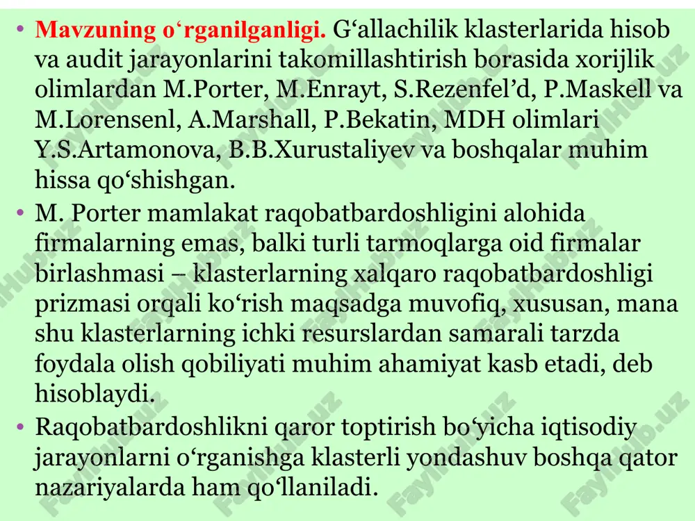 htirishga erishildi: - gʻallailik klasterlarida taʼminot, ishlab chiqarish va sotish jarayonlarining har birida xarajatlar oʻziga xos xususiyatlarga ega boʻlganligi tufayli, ularning harakati toʻgʻrisida segmentar hisobot tuzish maqsadga muvofiqligi asoslandi; -gʻallachilik klasterlarida taʼminot, ishlab chiqarish va sotish jarayonlari boʻyicha segmentar hisobot tuzishda ichki hisob-kitob narxlarini oʻrnatish, yaʼni transfert baho belgilab olish muhim ahamiyatga ega ekanligi asoslandi; tadqiqotning ilmiy yangiliklari. -gʻallachilik klasterlarida ishlab chiqarish va sotish jarayonlari auditining oʻz vaqtida, toʻgʻri va ishonchli oʻtkazilishini taʼminlash maqsadida ishlab chiqarish va sotish jarayonining auditida hal etadigan masalalar ketma-ketligi taklifi asoslangan; -fermer xoʻjaliklarini va boshqa xoʻjalik subyektlari (fx-bxs) - gʻallachilik klasterlari sinergetik modeli swot tahlil qilingan va afzalliklari, imkoniyatlari, kamchiliklar hamda toʻsiqlar koʻrsatilgan. gʻalla ishlab chiqarish samaradorligiga taʼsir koʼrsatuvchi omillar tahlil qilingan va baholangan; auditorda gʻallachilik klasterlarida moliyaviy hisobot auditini oʻtkazishga ishonch hosil qilish uchun tegishli auditning xalqaro standartlariga muvofiq tekshirishning ahamitli jihatlari asoslangan. tadqiqotning ilmiy yangiliklari. gʻallachilik klasterlari “hisob siyosati”ga kiritilishi lozim boʻlgan oʻzgarishlar, …