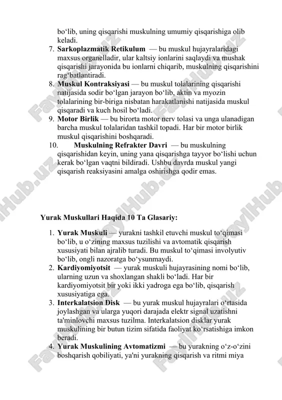atrial node) va boshqa elektr tizimlari yurakning ritmik qisqarishini ta'minlaydi. 7. sinus tuguni — yurakning yuqori qismida joylashgan va yurakning ritmini boshqaradigan elektr impulslarini yaratuvchi birinchi darajali elektr markazi. sinus tuguni yurakning normal ritmi (sinus ritmi) uchun mas'uldir. 8. atrioventrikulyar tugun — yurakning atriyalar va ventrikullar o‘rtasida joylashgan va elektr impulslari yurakning atriyalaridan ventrikullariga o‘tishini ta'minlaydigan markaz. 9. yurakning refrakter davri — bu yurakning qisqarishdan keyin qayta qisqarishga tayyor bo‘lishi uchun zarur bo‘lgan vaqtni anglatadi. bu davrda yurak mushaklari yangi impulsni qabul qila olmaydi, shu sababli ritmning normalligi ta'minlanadi. 10. yurakning qisqarish fazalari — yurak siklini tashkil etuvchi jarayonlar bo‘lib, ular atriyal sistola, ventrikulyar sistola va diastolani o‘z ichiga oladi. har bir faza yurakning turli qismlarining qisqarishi va bo‘shashishini ta'minlaydi. muskul to‘qimasining taraqqiyoti va rivojlanishi haqida test savollari: 1. muskul to‘qimasi qanday hujayralardan tashkil topgan? a) karbonat angidrid va oqsillar b) muskullar va osteoblastlar c) muskul hujayralari (muskul tolalari) d) …