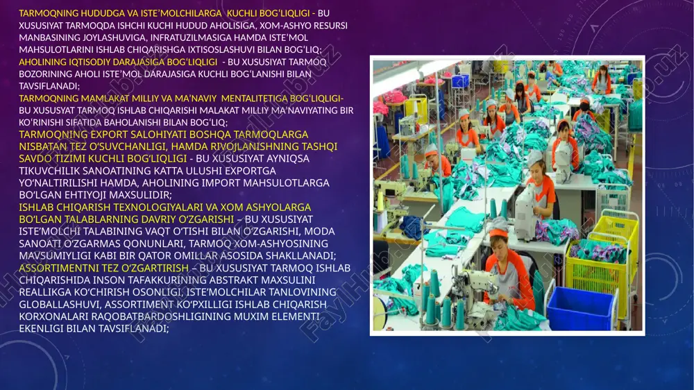 'rsatkishlari intellektual salohiyat ko'rsatkichlari novatsion va innovatsion salohiyat ko'rsatkichlari moliyaviy barqarorlik ko'rsatkichlari (moliyaviy mustaqillik, avtonomlik,kapitallashuv ko'rsatkichi) tadqiqotimiz jarayonida o‘rganilgan ilmiy manbalarga asoslanganda, dunyo miqyosida yengil sanoat rivojlanishiga ta’sir ko‘rsatayotgan omillarni quyidagicha keltirib o‘tish mumkin global iqtisodiy o‘sishning sekinlashishi va asosiy kiyim-kechak import bozorlarida, xususan, rivojlangan mamlakatlardagi yuqori inflyatsiya darajasi iste'molchilarning xarajat taqsimotiga salbiy ta'sir ko‘rsatishi talabning pasayishiga olib keldi global toʻqimachilik eksporti 2022-yilda 4,2 foizga qisqarib, jami 339 milliard dollarni tashkil etib, koʻpgina sanoat tarmoqlaridan ortda qoldi. mazkur holat to‘qimachilik va tikuvchilik zanjir tizimida tarmoq xomashyosiga talab sezilarli darajada kamayishi bilan izohlanadi. / moda brendi daromadining pasayishi. moda brendlarining 37 foizi savdo o‘sishidan ko‘ra xarajatlarni kamaytirishga, ularning 60 foizdan ortig‘i inflyatsiyaga qarshi kurashish uchun shartnomalarni qayta ko‘rib chiqishga e'tibor qaratmoqda. qashqadaryo viloyatida yengil sanoat tarmoqlarining ishlab chiqarish nisbiy ko‘rsatkichlari dinamikasi (respublikaga nisbatan) o‘zbekiston respublikasi va qashqadaryo viloyati yengil sanoat tarmog‘ida bandlikning gender taqsimlanish dinamikasi, foizda tadqiqotimiz jarayonida qashqadaryo viloyatidagi “oqsaroy …