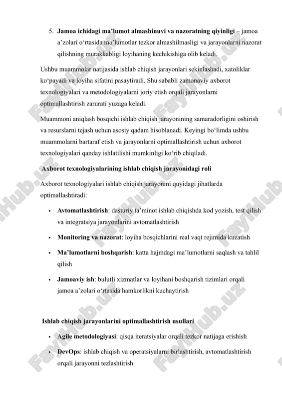 tanlash va joriy etish ishlab chiqish jarayonini tezlashtirish, resurslardan samarali foydalanish va loyiha sifatini oshirishga yordam beradi. yeşimlar va amaliy misollar · misol 1: dasturiy ta’minot ishlab chiqishda jenkins yordamida ci/cd jarayonini avtomatlashtirish · misol 2: jira orqali loyihani modullar bo‘yicha rejalashtirish va bajarilishini nazorat qilish · misol 3: bulutli ma’lumotlar bazasi orqali jamoa a’zolari ma’lumotlarga bir vaqtning o‘zida kirish imkoniyatiga ega bo‘lishi ushbu yechimlar ishlab chiqish jarayonini 30–40% samaraliroq qiladi va xatoliklarni sezilarli darajada kamaytiradi. natijalar va tahlil at yordamida optimallashtirish natijasida: · ishlab chiqish jarayoni tezlashadi · resurslardan samarali foydalaniladi · xatoliklar kamayadi · jamoa a’zolari o‘rtasidagi hamkorlik kuchayadi · loyiha sifatini oshirish mumkin bo‘ladi xulosa axborot texnologiyalari yordamida ishlab chiqish jarayonlarini optimallashtirish har bir tashkilot uchun dolzarb vazifa hisoblanadi. muammolarni aniqlash va zamonaviy yechimlarni joriy etish orqali ishlab chiqish jarayonlari tezroq, sifatliroq va resurslarni samarali ishlatadigan darajaga ko‘tariladi. ushbu ishda tavsiya etilgan metodlar va vositalar real loyihalarda …