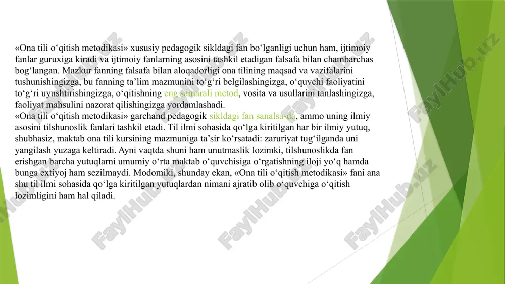 exnologiyalarining (akt) til ta’limidagi o‘rni katta ahamiyatga ega bo‘lib, ular o‘quvchilarning tilni o‘rganish jarayonini yanada samarali, qiziqarli va interfaol qilishga yordam beradi. quyida aktning til ta’limidagi asosiy o‘rni va ahamiyatini tahlil qilamiz: 1. motivatsiyani oshirish o‘quvchilarning qiziqishini oshirish: akt yordamida o‘quvchilar o‘zlarini qiziqtirgan, zamonaviy, vizual va interfaol resurslar orqali tilni o‘rganishlari mumkin. multimediali materiallar (video, audio, animatsiyalar) va interaktiv ilovalar orqali o‘quvchilarga til o‘rganishning yanada qiziqarli va samarali shakllari taqdim etiladi. o‘z-o‘zini o‘rganishga rag‘batlantirish: axborot texnologiyalari o‘quvchilarga o‘quv jarayonini o‘z vaqtida va mustaqil ravishda boshqarish imkoniyatini yaratadi. o‘quvchilar darsdan tashqari vaqtlarda onlayn resurslar yordamida mustaqil o‘rganishlari mumkin, bu esa ularning o‘z-o‘zini rivojlantirishga bo‘lgan motivatsiyasini oshiradi. 2. o‘quvchilarni individual yondashuv orqali o‘qitish shaxsiylashtirilgan ta’lim: akt yordamida o‘qituvchilar har bir o‘quvchining o‘quv ehtiyojlariga mos keladigan dars materiallarini tanlab, individual tarzda ta’lim berishlari mumkin. masalan, tilni o‘rganishdagi qiyinchiliklar turlicha bo‘lishi mumkin, shuning uchun o‘quvchilarga individual tarzda moslashgan darslar va materiallar beriladi. interaktiv ilovalar …