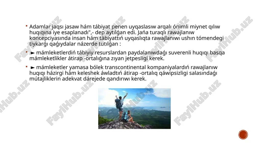 áne onıń jaqın keleshektegi keleshekleri” dep bas temaları belgilengen. paydalanılǵan ádebiyatlar: 1. mirziyoyev sh.m. erkin va farovon demokratik o‘zbekiston davlatini birgalikda barpo etamiz. toshkent, o‘zbekiston, 2016.-56 b. 2. mirziyoyev sh.m. tanqidiy tahlil, qat`iy tartib – intozom va shaxsiy javobgarlik – har bir raxbar faoliyatining kundalik qoidasi bo‘lishi kerak. toshkent, o‘zbekiston, 2017.-104 b. 3. mirziyoyev sh.m. qonun ustuvorligi va inson manfaatlarini ta’minlash – yurt taraqiyoti va xalq farovonligini garovi. toshkent, o‘zbekiston, 2017.-48 b. www.lex.uz www.ziyonet.uz dıqqatlarıńız ushın raxmet! image4.png image3.png image5.png image6.png image7.png image8.png image9.png image10.png image11.png image12.png image13.png image14.png image15.png image16.png image17.png image18.png image2.png /docprops/thumbnail.jpeg