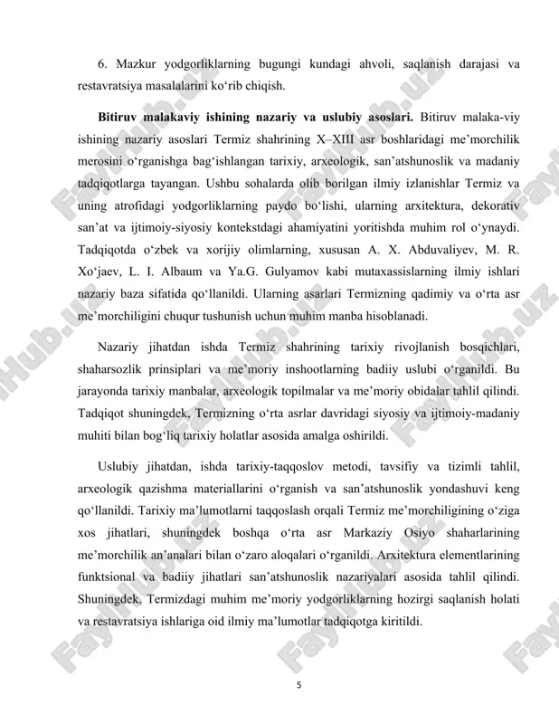 termiz shahridagi tarixiy yodgorliklarni saqlash, restavratsiya qilish va ularni kompleks tarzda saqlashga oid amaliy ishlarni takomillashtirishda qo‘llanilishi mumkin. shuningdek, ishda o‘rganilgan arxitektura va shaharsozlik an’analari bugungi zamon arxitektura va shaharlashtirish sohalarida madaniy merosni hisobga olgan holda loyihalash va rejalashtirishda foydalanish uchun asos bo‘lib xizmat qiladi. tadqiqot o‘quv jarayonida tarix, arxeologiya va san’atshunoslik yo‘nalishlarida o‘quv dasturlarini boyitishga ham yordam beradi. bundan tashqari, malakaviy ish hududiy turizmni rivojlantirishga ham o‘z hissasini qo‘shishi mumkin, chunki termizning o‘rta asr me’morchiligi va tarixiy yodgorliklari haqida kengroq ma’lumotlar turistlar uchun qiziqarli bo‘lgan qo‘llanma sifatida ishlatiladi. shu bilan birga, madaniy merosni saqlashga oid davlat siyosatini mustahkamlash va xalqaro hamkorlikni rivojlantirishda ham tadqiqotning amaliy ahamiyati mavjud. bitiruv malakaviy ishining tuzilishiva hajmi. bitiruv malakaviy ishi kirish, 2 bob, 6ta reja, xulosa, foydalanilgan manba va adabiıyotlar ro’yxatini o’z ichiga oladi. bitiruv malakaviy ishining umumiy hajmi 60 betni tashkil qiladi. i bob. termiz shahrining x-xiii asr boshlaridagi tuzilishi va inshootlari. 1.1 …
