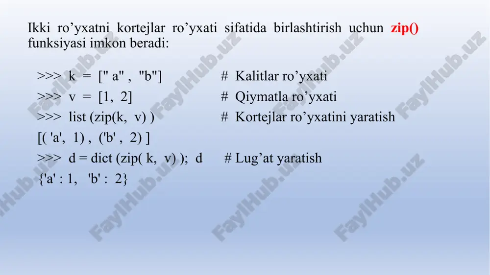 i o’chiramiz >>> d # lug’at endi bo’sh { } update () - lug'atga elementlar qo'shadi. metod joriy lug'atni o'zgartiradi va hech narsa qaytarmaydi. metod formatlari: urdate ( = [, ... , = ] ) urdate ( ) urdate ( ) urdate ( ) agar ko'rsatilgan kalit element lug'atda allaqachon mavjud bo'lsa, unda uning qiymati qayta yoziladi. misollar: >>> d = { "a" : 1, "b" : 2 } >>> d. update (c =3 , d=4 ) >>> d {' a': 1 , 's ' : 3 , 'b' : 2, 'd' : 4} >>> d. update ({"s":10, "d": 20 }) # lug’at >>> d # qayta yozilgan elementlar ro’yxati { ' a ': 1, ' s ': 10, 'b' : 2, 'd ' : 20 } >>> d.update ([("d" , 80) , ("e", 6)]) # kortejlar ro’yxati >>> d savollar pythonda lug’atlar qanday yaratiladi? pythonda lug’atlar ustida qanday amallar. …
