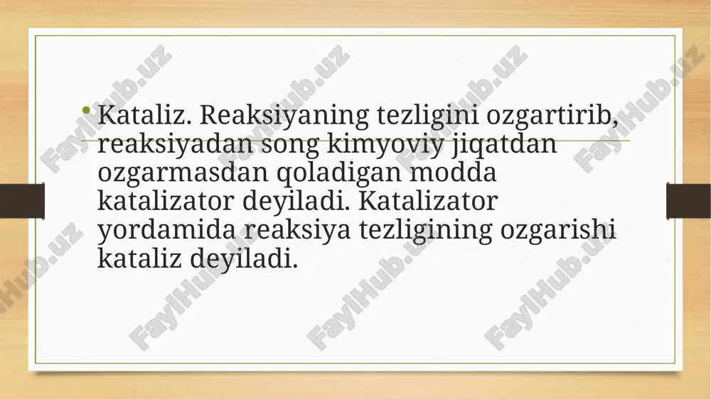reaksiya tomonga siljiydi, kamaysa teskari tomonga siljiydi. ekzotermik reaksiyalarda aksincha, temperatura ortsa muvozanat chapga siljiydi, kamaysa o’ngga siljiydi. moddalar konsentratsiyasi. biror moddaning konsentratsiyasi yoki miqdori ortsa, muvozanat shu modda bo’lmagan tomonga siljiydi. biror moddaning konsentratsiyasi kamaysa, muvozanat shu modda bo’lgan tomonga siljiydi. katalizator. muvozanatni siljishiga tasir qilmaydi. to’g’ri va teskari reaksiya tezligini bir xil oshiradi. shuning uchun muvozanat qaror topishini tezlashtiradi. etiboringiz uchun raxmat image5.png image6.png image7.png image8.wmf image9.wmf image10.wmf oleobject1.bin oleobject2.bin oleobject3.bin image3.png image4.png ) ( 2 ) ( 2 ) ( 2 2 g g g no o no ® + ) ( ) ( 3 ) ( 2 ) ( 2 2 g g g g no so so no + ® + ) ( 3 ) ( 2 ) ( 2 2 2 ) ( 5 2 g o v g g so o so q ¾ ¾ ® ¾ + /docprops/thumbnail.jpeg
