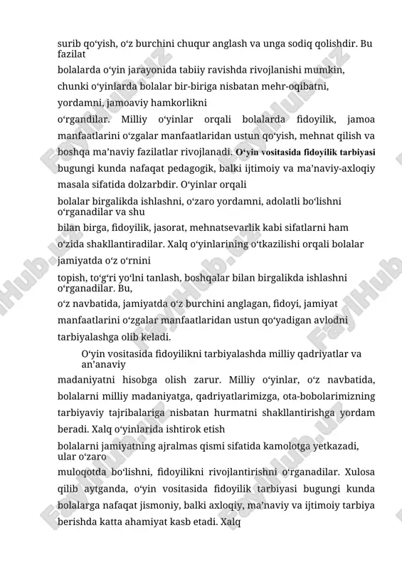 ga an’anaviy qadriyatlar va mehnatga bo‘lgan hurmatni, jamoaviylik va fidoyilik kabi sifatlarni o‘rgatish uchun qulay vositadir. o‘yinlar 5 orqali bolalar bir-birlariga yordam berishni, jamoa sifatida ishlashni, o‘zaro hurmatni, mehnat qilishni va o‘zini fidoyi tarzda namoyon etishni o‘rganadilar. o‘yinlar nafaqat bolalarning jismoniy rivojlanishiga yordam beradi, balki ularning ijtimoiy, ma’naviy va axloqiy rivojlanishiga ham katta hissa qo‘shadi. shuningdek, kurs ishida o‘yin vositasida fidoyilik tarbiyasini tashkil etishning metodik yondashuvlari, usullari va pedagogik tamoyillari o‘rganildi. o‘yinlarni tashkil etishda bolalar uchun qulay sharoitlar yaratish, ular o‘rtasida mushtarak ish, hamkorlik va yordamni rivojlantirishga qaratilgan usullar muhokama qilindi. o‘yinlar orqali bolalar jamoa sifatida birgalikda ishlashni o‘rganadilar, bu esa ularning fidoyilik, yordam berish, bir-birini qo‘llab-quvvatlash kabi ijtimoiy fazilatlarini shakllantiradi. bunda, o‘yinlarning ta’limdagi o‘rni va roli, pedagogik maqsadlar va uning jamiyatdagi rivojlanishiga ta’siri hamda o‘yin vositasining bolalar shaxsiyatining rivojlanishiga qo‘shgan hissasi yoritilgan. o‘rganilganlik darajasining yana bir jihati, pedagogik nazariyalar va amaliyotlar orqali fidoyilik tarbiyasini qanday amalga oshirish mumkinligini ko‘rsatishda …