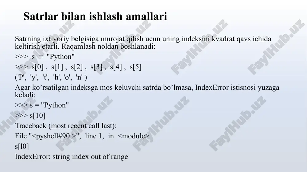 matga ega: . startswith ( [, [, ] ]) agar boshlanish ko’rsatilmasa qidirish satr boshidan boshglanadi (ya’ni 0 deb olinadi). agar va parametrlari ko’rsatilsa, amal shu qirqim oralig’ida bajariladi. masalan: >>> s = "misol misol misol misol " >>> s.startswith("mis"), s. startswith("mis" ) (true,false ) >>> s.startswith ("mis", 6), s.startswith("mis", 14) (false, true) replace () - qotordagi satr ostini boshqa ko’rsatilgan satr ostiga almashtirish va natijani yangi satr ko’rinishida ko’rsatish. metod belgi registriga bog’liq. metod formati: .rerlase( , [, ]) agar almashtirishlar soni ko’rsatilmasa, almastirish barcha topilgan satr ostilar uchun bajariladi. masalan: >>> s = "salom, anvar" >>> print(s.replace("anvar", "umid")) salom, umid >>> print(s.replace ("anvar", "umid" )) # registrga bog’liq salom, anvar >>> s = "strstrstrstrstr" >>> s.replace ("str" , "") , s. replace ("str" , "" , 3) (' ', 'strstr') satr tarkibini tekshirish isalnum() – agar satr faqat harf va (yoki) harflardan iborat bo’lsda true, aks holda false …