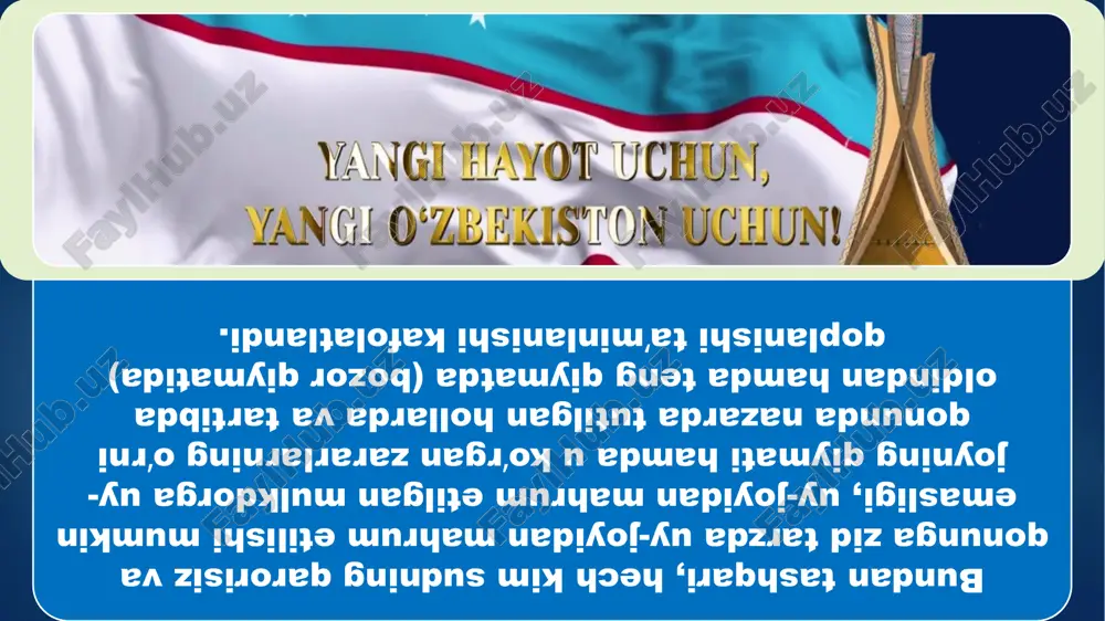 tlarga sodiqlikni , mamlakatidan hamda xalqning boy madaniy merosidan faxrlanishni , vatanparvarlik va vatanga boʻlgan mehr-muhabbat tuygʻularini shakllantirish toʻgʻrisida gʻamxoʻrlik qiladi . mavzu: konstitutsiyaning mohiyati mavzu: konstitutsiyaning mohiyati guruh: tayyorladi: guruh: tayyorladi: yangilangan konstitutsiya mamlakat, millat va xalq sifatida keyingi qadamlarimizni aniqlab olishimiz uchun gʻoyat ahamiyatli masala, adolatli jamiyat qurish yoʻlidagi ulkan qadamdir. konstitutsiyada oʻzbekiston – suveren, demokratik, huquqiy va ijtimoiy davlat ekani qatʼiy belgilab qoʻyildi. yangilangan konstitutsiya mamlakat, millat va xalq sifatida keyingi qadamlarimizni aniqlab olishimiz uchun gʻoyat ahamiyatli masala, adolatli jamiyat qurish yoʻlidagi ulkan qadamdir. konstitutsiyada oʻzbekiston – suveren, demokratik, huquqiy va ijtimoiy davlat ekani qatʼiy belgilab qoʻyildi. inson huquq va erkinliklari qonunlarimizning , har bir vazirlik va idora faoliyatining mazmuniga aylanishi qatʼiy talab sifatida belgildi . bu hol davlat organlari hamda mansabdor shaxslarning faqat va faqat fuqarolarning manfaatlarini koʻzlab faoliyat koʻrsatishiga asos boʻladi . binobarin , qonunlardagi noaniqliklar inson foydasiga hal boʻlishi shart va zarur . bunga …