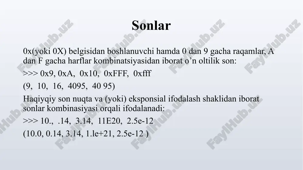 random() 0. 5714025946899135 random moduli funksiyalari random moduli funksiyalari uniform ( , ) - dan gacha oraliqdagi tasodifiy haqiyqiy sonni qaytaradi: >>> random.uniform (0, 10) 9. 965569925394552 >>> random.uniform (0, 10) 0.4455638245043303 randint ( , ) - dan gacha oraliqdagi tasodifiy butun sonni qaytaradi: >>> random.randint (0, 10) 4 >>> random.randint (0, 10) 10 random moduli funksiyalari randrange ([ ,] [, ]) - sonli ketma-ketlikdan tasodifiy elementni qaytaradi. parametrlari range() funksiyalari analogidir. ya’ni, dan gacha bo’lgan sonlar orlaig’idan farqi bilan tasodifiy sonni qaytarardi: >>> random. randrange(10) 5 >>> random.randrange (0, 10) 2 >>> random.randrange (0, 10, 2) 6 random moduli funksiyalari choice ( ) – berilgan ketma-ketlik (satr, ro’yxat, kortej) dagi tasodifiy elementni qaytaradi: >>> random.choice (“string”) # satr ‘i’ >>> random.choice (["s", "t", "r"]) # ro’yxat 'r' >>> random.choice((" s", "t", "r")) # kortej 't ' random moduli funksiyalari shuffle ( [, ]) – ro’yxat elementlarini tasodifiy aralashtirish. agar …