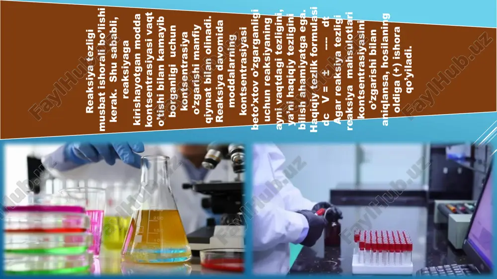 uroven pyatiy uroven reaksiyaning tezligi to’g’risida sistemaning biror-bir xossasi o’zgarishi ( elektr o’tkazuvchanligi , rangi , bosimi , spektri ) bilan fikr yuritish mumkin . agar t 1 vaqtdan t2 vaqtgacha reaksiyaga kirishuvchi moddalardan birortasining kontsentrasiyasi s1 dan s2 ga o’zgarsa , t1 dan t2 gacha bo’lgan vaqt oralig’ida reaksiyaning o’rtacha tezligi : s2 - s1 d s v =± ------- = ± ---- formula bilan ifodalanadi . t 2 - t 1 dt vt2/vt1 = g t2- t1/1 0 vt2 va vt1 - t2 va t1 haroratdagi reaktsiya tezligi ; t2 ; t 1 - haroratlar ; g - reaktsiyaning harorat koeffitsienti . reaksiya tezlik konstantasining harorat va faollanish energiyasiga bog’liqligi arrenius tenglamasi bilan ifodalanadi . k = ae-e ar /t ea - faollanish energiyasi ; a - doimiy son; e - natural logarifm asosi (2,31); r - universal gaz doimiysi (8,31 j/mol k); t - mutloq harorat , …