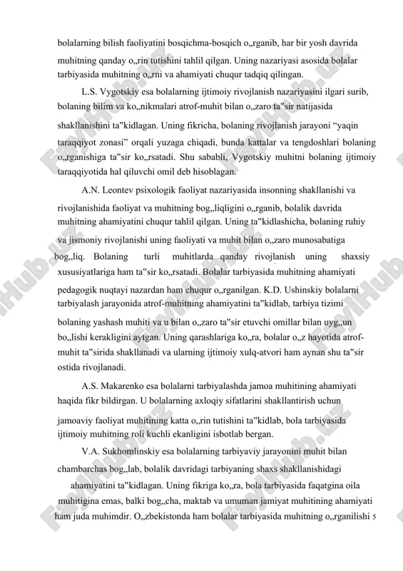 sida ijtimoiy, psixologik va pedagogik muhitning ta‟sirini tahlil qilishgan. abdulla avloniy bolalar tarbiyasi bo„yicha o„z asarlarida tarbiyaning to„rt asosiy yo„nalishi haqida so„z yuritgan bo„lib, ularning hammasi muhit bilan chambarchas bog„liq ekanligini ta‟kidlagan. uning fikricha, bola tarbiyasida oila, mahalla va ta‟lim tashkilotlari muhim ahamiyatga ega. k. yormatova esa bolalar psixologiyasini o„rganib, bolaning emotsional va aqliy rivojlanishida oilaviy muhitning roli haqida tadqiqotlar olib borgan. uning fikrlariga ko„ra, bola oilada qanday tarbiya olsa, keyinchalik jamiyatga moslashish jarayonida ham xuddi shu ko„nikmalardan foydalanadi. hozirgi kunda bolalar rivojlanishiga muhitning ta‟siri zamonaviy pedagogika va psixologiya fanlarida keng o„rganilmoqda. ayniqsa, maktabgacha ta‟lim tizimida innovatsion pedagogik yondashuvlar joriy etilayotgani, bolalarning ijtimoiy muhitga moslashuvini yaxshilash borasida yangi usullar ishlab chiqilayotgani dolzarb masalalardan biri hisoblanadi. shuningdek, zamonaviy texnologiyalarning rivojlanishi natijasida bolalarning tarbiyasiga raqamli muhitning ham ta‟siri ortib bormoqda. tadqiqotlar shuni ko„rsatadiki, bolalar erta yoshdan turli texnologiyalar bilan tanish bo„lishi ularning psixologik rivojlanishiga ham ma‟lum darajada ta‟sir ko„rsatmoqda. shu sababli, tarbiyaviy …