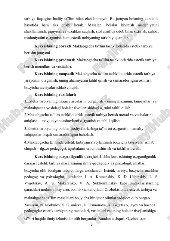 etik tarbiyaning metodlari, vositalari va uning bolalar rivojlanishiga ta‟siri haqida ilmiy izlanishlar olib borganlar. bundan tashqari, o„zbekiston 5 respublikasi “ta‟lim to„g„risida”gi qonuni, “maktabgacha ta‟lim va tarbiya to„g„risida”gi qonun, 2030-yilgacha mo„ljallangan maktabgacha ta‟lim tizimini rivojlantirish konsepsiyasi ham mazkur mavzuni huquqiy jihatdan o„rganish uchun asosiy manbalardan hisoblanadi. shuningdek, xalqaro tajribalar va unesco tomonidan ishlab chiqilgan maktabgacha ta‟lim dasturlari ham kurs ishining nazariy va amaliy jihatlarini chuqur o„rganishga xizmat qiladi. kurs ishining ilmiy yangiligi: estetik tarbiyaning bolalar rivojlanishiga ta‟siri o„rganilib, zamonaviy pedagogik texnologiyalar asosida yangi yondashuvlar tahlil qilingan. shuningdek, maktabgacha ta‟lim tashkilotlarida estetik tarbiyani rivojlantirish bo„yicha amaliy tavsiyalar ishlab chiqilib, ta‟lim jarayonida estetik didni shakllantirishning samarali metodlari taklif etilgan. mahalliy va xalqaro tajribalar asosida maktabgacha yoshdagi bolalar uchun estetik tarbiyaning integratsiyalashgan modeli ishlab chiqilib, uning pedagogik jarayondagi ahamiyati baholangan. shu bilan birga, maktabgacha yoshdagi bolalarning ijodiy qobiliyatlariga estetik tarbiyaning ta‟siri empirik tadqiqotlar asosida tahlil qilinib, bu jarayonda innovatsion yondashuvlar taklif etilgan. kurs ishining …
