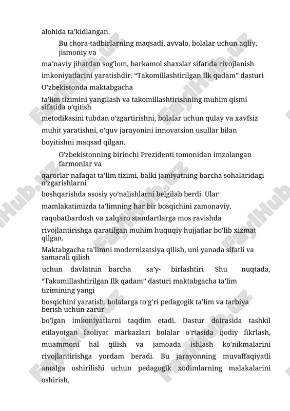 omillashtirish uchun tavsiyalar ishlab chiqish. kurs ishining o‘rganilganlik darajasi: “takomillashtirilgan ilk qadam” dasturining maktabgacha ta’lim tashkilotlarida amalga oshirilishini va ta’lim jarayoniga ta’sirini o‘rganishda chuqur tahlil va yondashuvlarni o‘z ichiga oladi. 5 dastur doirasida olib borilayotgan o‘quv jarayonlarini o‘rganish, pedagogik metodlar va yondashuvlar tahlil qilinib, mavjud muammolar va ularni hal etish yo‘llari belgilandi. chet elda pedagogika sohasida juda ko‘p yirik olimlar va mutaxassislar ta’lim tizimida o‘zgarishlar kiritishga intilishgan. masalan, jean piaget bolalarning kognitiv rivojlanish bosqichlarini o‘rganib, ta’lim metodikalarini bolalarning aqliy rivojlanishiga moslashtirishni taklif qilgan. uning asarlari, ayniqsa, bolalar psixologiyasi va ta’limdagi rivojlanish bosqichlarini aniqlashda qo‘llanilgan. shuningdek, lev vygotski o‘zining “sotsial rivojlanish nazariyasi” orqali bolalar o‘rganish jarayonini ijtimoiy muhit bilan bog‘lashni ta’minlagan. u o‘rgatish jarayonida o‘qituvchining o‘quvchilar bilan o‘zaro aloqasini muhim deb hisoblagan. o‘zbekistonda ham ta’lim tizimi va pedagogik yondashuvlar rivojlanishda katta o‘zgarishlarga duch keldi. abu nasr farobi o‘zining “ta’lim va tarbiyaning ahamiyati” haqida yozgan asarida, insonni ma’naviy, axloqiy jihatdan rivojlantirishning muhimligini …