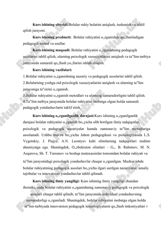 ashuvlar qo„llansa, u holda bolalarning o„quv jarayoniga moslashuvi yaxshilanadi, ularning intellektual va ijtimoiy rivojlanishi samarali shakllanadi. kurs ishining metodlari:o‟g‟zaki, ko‟rgazmali, amaliy, kuzatish metodlari va o‟rgatish usullari. kurs ishining tuzilishi: kirish, 2 bob, asosiy qism, xulosa va tavsiyalar, foydalanilgan adabiyotlar ro„yxati va ilovalar va ____ sahifadan iborat. 6 i. bob. bolalar ruhiyatini o„rganishning nazariy asoslari. 1.1. bolalar psixologiyasining asosiy tushunchalar bolalar psixologiyasi insonning dastlabki rivojlanish bosqichlarini o„rganadigan fan bo„lib, u bolaning tug„ilishidan boshlab o„smirlik davriga qadar bo„lgan psixologik jarayonlarni tadqiq qiladi. bolalar psixologiyasining mohiyati shundaki, u bolaning individual xususiyatlarini, rivojlanish qonuniyatlarini, ijtimoiy muhit bilan o„zaro ta‟sirini va ta‟lim-tarbiya jarayonidagi o„zgarishlarni o„rganadi. bu fan pedagogika va umumiy psixologiya bilan uzviy bog„liq bo„lib, bolalarning xulq-atvori, hissiy holati, tafakkuri va ijtimoiylashuv jarayonini chuqur tahlil qiladi. bolalar psixologiyasining predmeti bolalarning tug„ilgan kundan boshlab murakkab rivojlanish jarayonlarini o„rganishdan iborat. inson ruhiyati hayot davomida shakllansa-da, aynan bolalik davri eng intensiv rivojlanish bosqichi hisoblanadi. shuning uchun bolalar psixologiyasining …