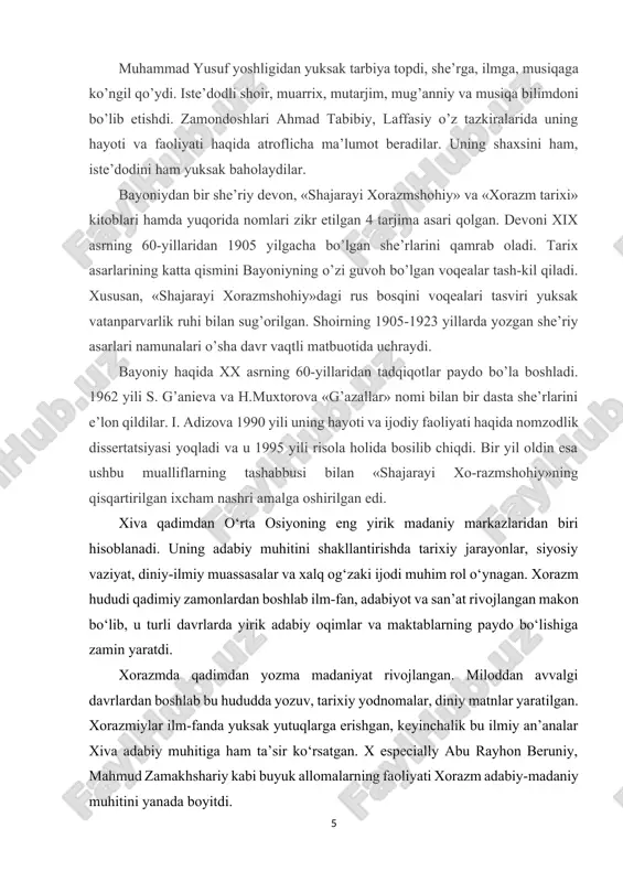 oshlab ilm-fan, adabiyot va san’at rivojlangan makon bo‘lib, u turli davrlarda yirik adabiy oqimlar va maktablarning paydo bo‘lishiga zamin yaratdi. xorazmda qadimdan yozma madaniyat rivojlangan. miloddan avvalgi davrlardan boshlab bu hududda yozuv, tarixiy yodnomalar, diniy matnlar yaratilgan. xorazmiylar ilm-fanda yuksak yutuqlarga erishgan, keyinchalik bu ilmiy an’analar xiva adabiy muhitiga ham ta’sir ko‘rsatgan. x especially abu rayhon beruniy, mahmud zamakhshariy kabi buyuk allomalarning faoliyati xorazm adabiy-madaniy muhitini yanada boyitdi. xiva adabiy muhiti ayniqsa xonlik davrida, ya’ni xvi–xix asrlarda mustahkam shakllandi. xonlar madaniyat va adabiyot rivojiga alohida e’tibor berganlar. muhammad rahimxon i, allakulikhan, sayid muhammadxon, muhammad rahimxon ii (feruz) kabi hukmdorlar saroy atrofida ilmiy-adabiy muhit yaratib, ko‘plab shoir va yozuvchilarni qo‘llab-quvvatlaganlar. xususan, feruz davrida (xix asr oxiri – xx asr boshlarida) xiva adabiy muhiti o‘zining eng yuqori cho‘qqisiga ko‘tarildi. xonning homiyligi tufayli xivada madrasalar, kutubxonalar faoliyat ko‘rsatgan, adabiy majlislar tashkil etilgan. shu davrda ko‘plab adabiy asarlar yaratildi va xiva “adabiyot va san’at …