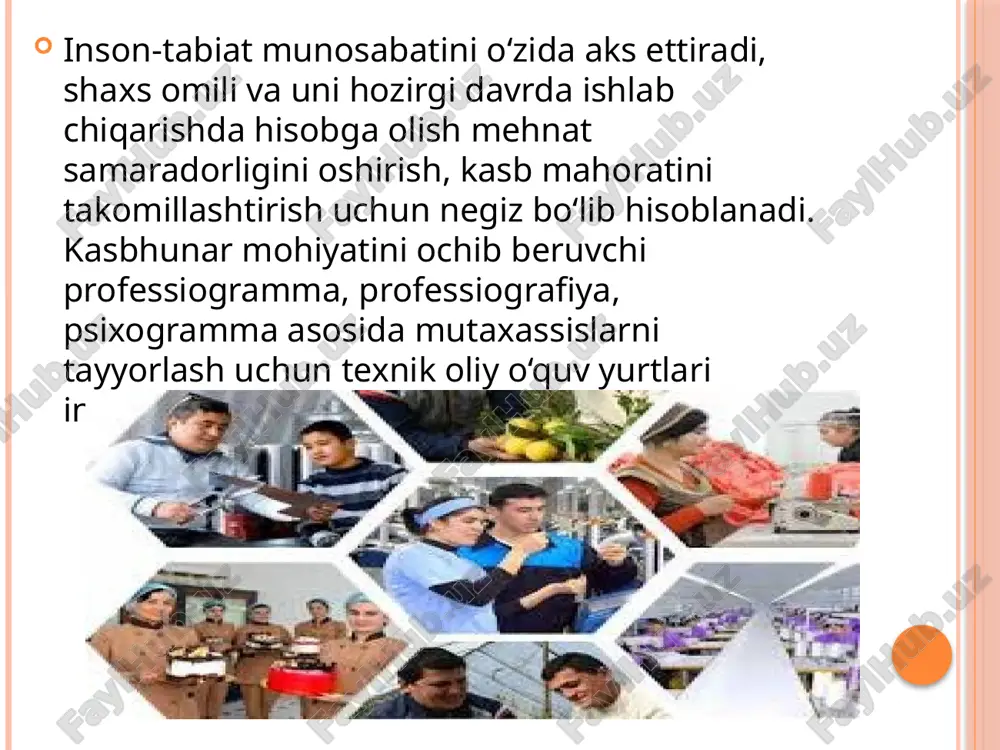 ltirish. kasb tanlashga ta’sir etuvchi asosiy omillar quyidagilardan iborat: – o‘quvchilarni kasb tanlashga o‘rgatishda o‘qituvchilar jamoasi faoliyati hamkorligi va samaradorligi; – kasb tanlashda yoshlar tashkilotining ishtiroki; – sinfdan va maktabdan tashqari olib boriladigan ishlar mazmunida kasb tanlashning alohida ajratib ko‘rsatilishi; – maktablarda ishlab chiqarish kombinatlarida ommaviy va keng ko‘lamda yo‘lga qo‘yilishi; – maxsus muassasalar faoliyati; – kasbga oid ko‘rgazmalar, sayohatlar uyushtirilishi; – ijodkor, nufuzli, mahoratli kishilar bilan uchrashuvlar o‘tkazilishi; – kasb tanlashda mahalliy matbuot, radio va televideniyaning ishtiroki. psixolog k.k.platonov «kasb tanlashga yo‘naltirish uchburchagi» sxemasini ishlab chiqqan, u o‘zining ixchamligi bilan boshqalardan ajralib turadi. xuddi shu bois kasb tanlashga yo‘llashda undan unumli foydalanish mumkin. krizis krizisni vujudga keltiruvehi faktorlar krizisni yo‘qotish yo‘llari kasbiy o‘quv yo‘nalish krizisi. (14 - 15 yoki 16 - 17 yosh) ma’lum bir kasbni tanlash va uni tadbiq etish. “men”konsepsiyasini paydo bo‘lishi va uning korreksiyasi.hayotni o‘zgartirib yuboruvchi tasodiflar kasbga o'rgatuvchi korxonani tanlash yoki kasbiy tayyorgarlik ko‘rish yo`llari …