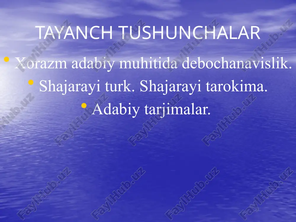 ayohatga chiqib ko‘p mamlakatlarni sayr etgani, istanbul, makka, quddus shaharlari-ni ziyorat qilib 1887 yili xivaga qaytib kelgani, 1889 yili vafot etgani, undan to‘rt o‘g‘il qolgani haqida hikoya qiladi. xivadagi san’at va madaniyat xiva adabiy muhitiga muhammad rahimxon qanday ravnaq bag‘ishlaganini ham bayoniy jonli bayon etgan: xon hazratlari she’rga ko‘p zavq paydo qilib erdilar. o‘zlari ham burundan feruz taxallusi bila mutaxallus bo‘lib, she’r aytur erdilar. so‘ngroq she’rga ko‘proq haris bo‘ldilar. har kishining she’r aytmoqqa sahl qobiliyatlari bo‘lsa, nav’i she’rlarini aytib dargohi oliyg‘a olib bora berdilar. shoirlarning adadlari kam besh qirqg‘a yovuq erdi" . ma’lum bo‘ladiki, feruz tevarak-atrofdagi iste’dodli shoirlarni shu erga to‘plagan va ularga rahnamolik, homiylik qilgan. natijada, o‘ziga xos shoir, adib va san’atkorlar uyushmasi madaniy-adabiy muhit barpo bo‘lgan. unda qalam tebratgan ijodkorlar madaniyatimiz tarixida muhim iz qoldirdilar. abulg‘ozi bahodirxon o‘zbek xalqi taraqqiyoti va madaniyati tarixida muhim o‘rin tutgan davlat arbobi va ijodkor mutafakkirdir. u xvii asr i yarmida xalq manfaatini …
