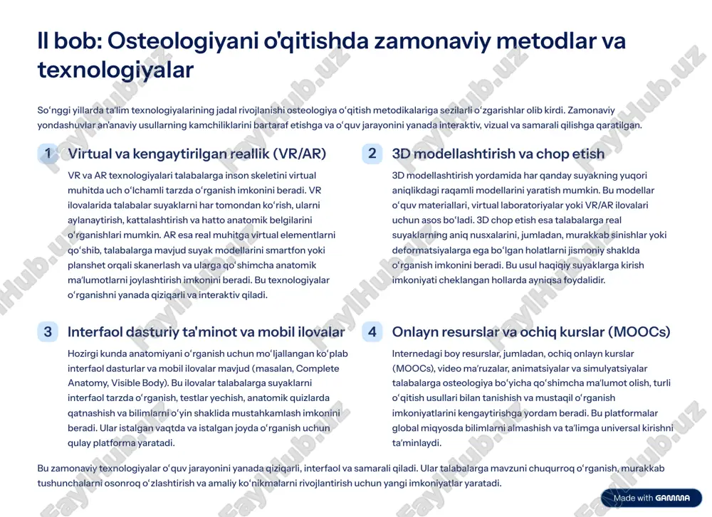 atlarini kengaytirishga yordam beradi. bu platformalar global miqyosda bilimlarni almashish va ta¾limga universal kirishni ta¾minlaydi. bu zamonaviy texnologiyalar o»quv jarayonini yanada qiziqarli, interfaol va samarali qiladi. ular talabalarga mavzuni chuqurroq o»rganish, murakkab tushunchalarni osonroq o»zlashtirish va amaliy ko»nikmalarni rivojlantirish uchun yangi imkoniyatlar yaratadi. https://gamma.app/?utm_source=made-with-gamma zamonaviy yondashuvlarning o'quv jarayoniga ta'siri zamonaviy metodlar va texnologiyalarning o»quv jarayoniga ta¾siri an'anaviy yondashuvlarga nisbatan bir qator sezilarli o»zgarishlarni olib keladi. bu o»zgarishlar o»qituvchilar va talabalar uchun yangi imkoniyatlar yaratib, ta¾lim sifatini oshirishga xizmat qiladi. 75% talabalar faolligi interfaol ilovalar, vr/ar simulyatsiyalari va 3d modellar talabalarni o»quv jarayoniga faol jalb qiladi. ular oddiy tinglovchilar bo»lish o»rniga, bilim olish jarayonida faol ishtirok etadilar, bu esa o»rganish motivatsiyasini oshiradi. tadqiqotlar shuni ko»rsatadiki, vizual va interfaol materiallardan foydalanish talabalarning mavzuga qiziqishini 75% gacha oshirishi mumkin. 20% bilimlarni mustahkamlash vizualizatsiya va simulyatsiya usullari yordamida murakkab anatomik tuzilmalar ancha tushunarli bo»ladi. masalan, suyaklarning o»zaro bog»lanishi, harakat mexanizmlari vr orqali real vaqt …