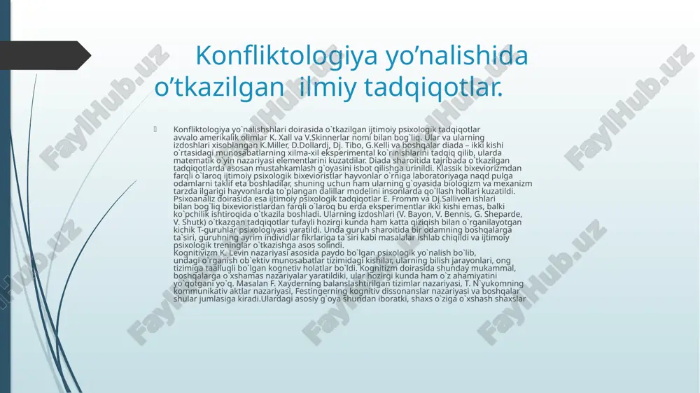 u qarashlar sof psixologiyaga ham o`xshamagan, sotsiologiya doirasidan chiqib ketadigan alohida fanning – konfliktologiyaning paydo bo`lishi uchun zamin rolini o`tadi. xx asr shu bilan xarakterli ediki, u turli fanlar oldiga konkret topshiriqlar qo`ya boshladi. shuning uchun psixologiya fani oldiga tadqiqotlar asosida psixologik qonuniyatlarni asoslash vazifasi turar edi. ikkinchidan esa, amerikada ko`pgina psixologlar o`z tadqiqot ob`ektlarini laboratoriyalarda ayrim psixik jaraenlarni o`rganishdan kichik guruhlarga ko`chira boshladilar. bu davrda psixologiyada shakllanib bo`lgan uch asosiy oqim (psixoanaliz, bixoviorizm, va geshtal`t psixologiya) ichida ham ijtimoiy xulq-atvorni kichik guruhlar doirasida o`rganish tendentsiyasi paydo bo`ldi. bunda asoaiy diqqat kichik guruhlarga va ularda turlicha eksperimentlar o`tkazishga qaratilgan edi. bunday holatning paydo bo`ganligi konfliktologiyaning fan sifatida shakllanishida nihoyatda katta rol` o`ynadi. geshtal`t psixologiya yo`nalishi negizida maxsus ijtimoiy psixologik yo`nalishlarning-interaktsionizm va kognitivizmning paydo bo`lganligi esa bu fanning eksperimental ekanligini ekanligini yana bir bor isbot qildi. ijtimoiy konfliktlar: tushunchasi, turlari, funktsiyalari ijtimoiy ziddiyat har doim to'qnashuv momentini o'z ichiga oladi, ya'ni …