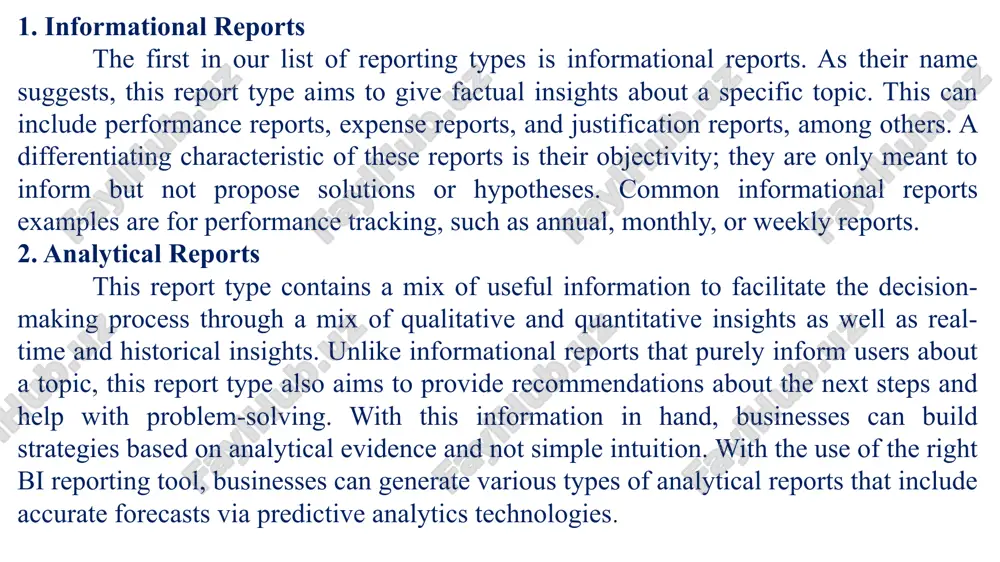 n for action. it can be presented orally or in writing. there are different types of official reports, including: committee report: a report from a committee to a deliberative assembly on business referred to the committee or on a matter otherwise under its charge. informational report: a report without a recommendation for action. officer's report: a report from an officer to an organization or deliberative assembly on business relating to the officer's duties or on a matter otherwise under the officer's charge. report with recommendation: a report accompanied by a recommendation for action. official reports can also refer to written accounts of court proceedings and judicial decisions. these reports are published in volumes of judicial decisions by a particular court or group of courts. they can be either official (published by a government entity) or unofficial (published by a private publisher). for example, a committee report can be presented to …