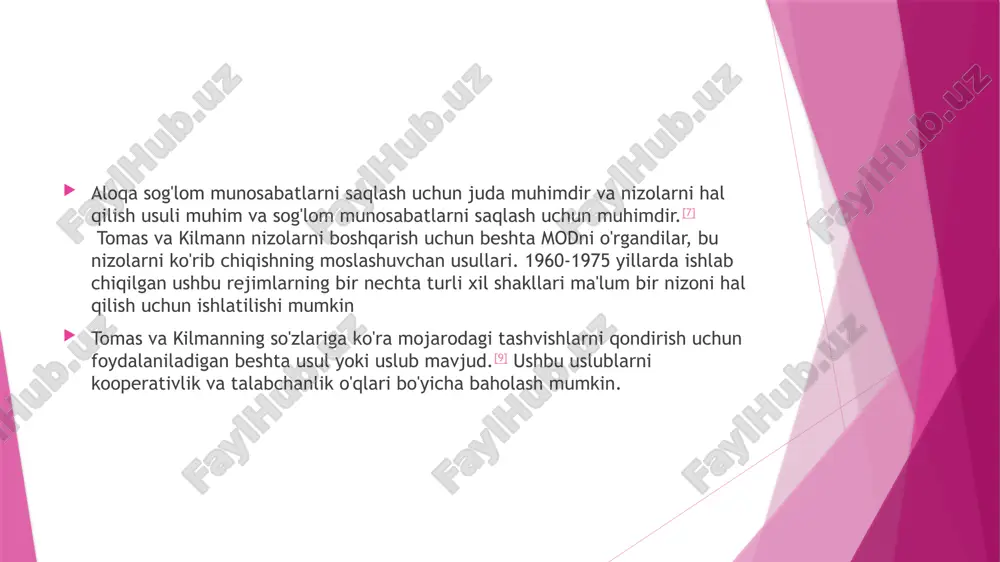 ishlatib qurbon bo'lishiga olib kelishi mumkin.[3] bu odatda siz noto'g'ri ekanligingizni bilganingizda ishlatiladi, keyinchalik siz uchun muhimroq bo'lishi mumkin bo'lgan vaziyat uchun kredit to'plashingiz kerak yoki siz tinchlikni saqlashni xohlaysiz. qochish uslubi har qanday yuzaga kelishi mumkin bo'lgan mojaroni keyinga qoldirish yoki undan xalos qilish bilan to'qnashuvlardan qochadi. ushbu uslub talabchan emas va hamkorlik qilmaydi.[9] qochish - bu yo'ldan chiqish, kechiktirish yoki oddiygina vaziyatdan qochish. ushbu uslub mo''tadil darajada foydali bo'lishi mumkin, ammo oxir-oqibat ziddiyatlar paydo bo'lib, nosog'lom munosabatlarni keltirib chiqaradi.[3] ushbu uslubning ommabop qo'llanilishi, agar siz muammoni ahamiyatsiz deb bilsangiz, boshqa muammo yanada dolzarb bo'lib yoki siz keskinlikni kamaytirish uchun vaqt berishingiz kerak konfliktni boshqarish. konfliktlarni boshqarish printsipi va uning tavsifi o'rtasida moslikni o'rnating: pedagogik muloqot uslubi va uning xarakteristikasi o'rtasida moslikni o'rnating: shaxs ichidagi nizolarning namoyon bo'lish shakli va uning belgilari o'rtasida moslikni o'rnating: sub'ektning barqaror tavsifi, uning xatti-harakatga moyilligini aks ettiradi, uning maqsadi atrofdagilarga zarar yetkazishdir ... …