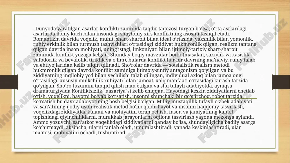 ni vujudga keltirmaydi. kelishmovchilik konfliktni vujudga keltiruvchi uchinchi shakl kelishmovchilik bolib, fikr va qarashlarni togri kelmasligi natijasida shaxsiy fikrga qarshi davoning mavjudligidir. ikkinchi tomonning fikr va qarashlariga aks tasir natijasida ham konfliktni vujudga keltiruvchi omillar vujudga keladi. konflikt rivojlanishining asosiy pogonalari konfliktni vujudga kelishida va uni hal etishda konstruktiv yondashuv ziddiyatni ijobiy yangi pogonaga olib chiqadi va togri yechimga olib keladi. ziddiyatni hal etishda destruktiv yondashuv esa konfliktni yanada chuqurlashtirib uni boshi berk kochaga olib kiradi. shunga qaramasdan konfliktning dastlabki bosqichi uchun dekonstruktiv yondashuv xos bolib, konfliktning davomiyligining malum davrida konstruktiv yondashuv talab etiladi va konfliktni hal etish ijobiy bosqichga otadi. shunga kora konfliktni vujudga kelishi va uni yechimining quyidagi pog`onasi namoyon boladi: ziddiyatning keskinlashuvi ochiq konflikt jarayoni konfliktni anglash konflikt paydo bo`lishi va rivojlanishi konflikt yechimi konfliktning yechimini topish - konflikt vaziyatni yoqotish hamda u yuzaga keltirgan munosabatlarni togri yolga soluvchi bilimlar va konikmalar majmuidan iboratdir. konfliktlar tabiati haqidagi …