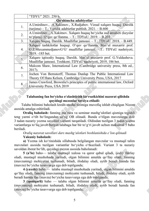 hiyatni tushunadi, biladi, ifodalay oladi, aytib beradi hamda fan (mavzu) bo‘yicha tasavvurga ega deb topilganda; 2 (qoniqarsiz) baho — bilan baholanadi talaba fan dasturini o‘zlashtirmagan, fanning (mavzuning) mohiyatini tushunmaydi hamda fan (mavzu) bo‘yicha tasavvurga ega emas deb topilganda. asos: oliy ta’lim muassasalarida talabalar bilimini nazorat qilish va baholash tizimi to‘g‘risidagi nizom. 15-band. b) yakuniy nazorat test ko‘rinishida o‘tkazilgan taqdirda, talabalarga har biri 50 ta test savollaridan iborat variantlar tayyorlanib tarqatiladi. test savollarida berilgan to‘g‘ri javoblar uchun quyidagi tartibda baholanadi. 1. (18-20) to‘g‘ri javob uchun 5 (a’lo) baho; 2. (14-17) to‘g‘ri javob uchun 4 (yaxshi) baho; 3. (12-13) to‘g‘ri javob uchun 3 (qoniqarli) baho; 4. (0-11) to‘g‘ri javob uchun 2 (qoniqarsiz) baho bilan baholanadi. yakuniy baholashdan “2” ya’ni qoniqarsiz baholangan talaba fandan qarzdor hisoblanadi. asos: oliy ta’lim muassasalarida talabalar bilimini nazorat qilish va baholash tizimi to‘g‘risidagi nizom. ilova, 2-jadval. yakuniy nazorat savollari yakuniy nazorat boshlanishidan 1 oy avval e’lon qilinadi. nazorat …