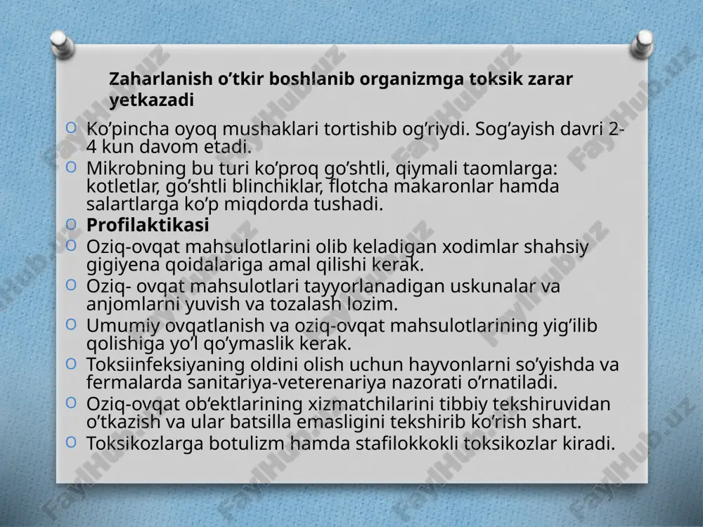 . shuning uchun ham kasallikka o’rov kasalligi yoki «kashin-bek» deb nom berilgan. bu kasallikkda suyakning o’sishi susayadi natijada oyoq va qo’l suyaklarining qisqarishiga olib keladi. o’rov kasalligi mahalliy don o’simliklarining fuzarium sporotrixella turkumidagi toksik zamburug’lardan zaralanish tufayli kelib chiqadi. ikkinchi nazoratga ko’ra o’rov kasalligi tuproqda suv xavzalarida oziq-ovqat mahsulotlarida ichimlik suvida kalsiy darajasi past bo’lgan holda stronsiy miqdori ortiqcha bo’lganda stronsidraxiti toksikozi sifatida avj oladi. mikotoksikozlar ovqat mikotoksikozlari asosan surunkali kasallik bo’lib organizmga ovqat mahsulotida don va don mahsulotlarida ko’paygan mikroskopik zamburug’larning hayot faoliyati mahsulotlarni to’kishi natijasida paydo bo’ladi. mikrotoksikozlarga aflotoksikozlar, alimenter toksik aleykiya (septik angina), ‖achigan non‖ dan zaharlanish va ergotizm kiradi. alimentar toksik aleykiya (septik angina) ovqatda qor tagida qolib qishlab qolib ketgan donni iste‘mol qilish natijasida paydo bo’ladi. erta bahordan qorlar erigandan oftob nuri ta‘sirida dalalardagi donda nam va issiq muxit hosil bo’lib bu fuzarium sporotichiellavarlar turkumidagi zamburug’ning ko’payishiga imkon beradi. kasallikning tarqalishi bahor faslining oxirida yozning …