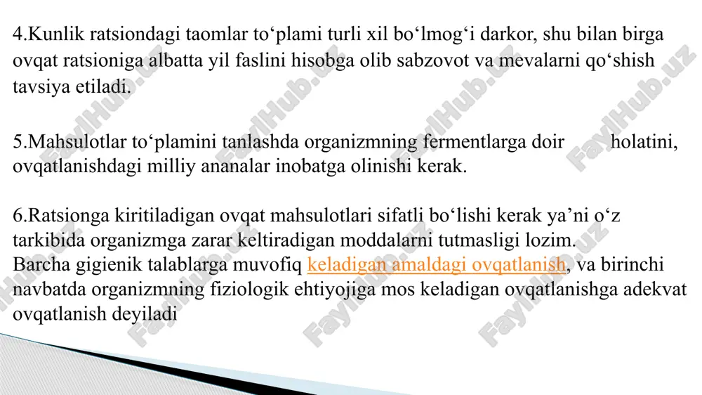 shi kerak. ovqatlanish sifatini muntazam tibbiy nazorat qilish, birinchi navbatda uyushgan jamoalar, jumladan shifoxonalar, sanatoriyalarda zarur bo’lib, bu yerda ovqatlanishni tashkil qilish maxsus tuzilgan taomnoma asosida amalga oshiriladi. shuning uchun shifokor faqat taomnoma tuzishni bilibgina qolmay, balki uni to’g’ri tahlil qila olishi va ovqatlanishni to’g’rilash bo’yicha tadbirlarni tavsiya eta olishi lozim. barcha gigiyenik talablarga muvofiq keladigan amaldagi ovqatlanish, birinchi navbatda organizmning fiziologik ehtiyojiga mos keladigan ovqatlanishga adekvat ovqatlanish deyiladi. shaxsiy ovqatlanishning adekvatligini baholash uchun ko’pincha so’rov usulidan foydalaniladi va keyinchalik o’rtacha kunlik ratsionning ovqatli qiymati hamda kaloriyaliligi hisoblab topiladi. usulning mohiyati shundan iboratki, patsiyentni (yoki aholi guruhini) so’rash orqali uning ovqatidagi kunlik ovqat tarkibini va ularning miqdori aniqlanadi. so’ngra ovqatli moddalarning kimyoviy tarkibi keltirilgan maxsus jadval yordamida ovqat ratsionidagi oqsillar, yog’lar, karbonsuvlar, vitaminlar, mineral moddalar va ularning energetik qiymatlari topiladi. keyin esa, olingan ma‘lumotlarni ovqatlanishning fiziologik me‘yorlari bilan taqqoslanadi. shaxsiy ovqatlanishning fiziologik ovqatlanish me‘yorlariga muvofiqligini baholash, quyidagi bosqichlardan tashkil topadi: …