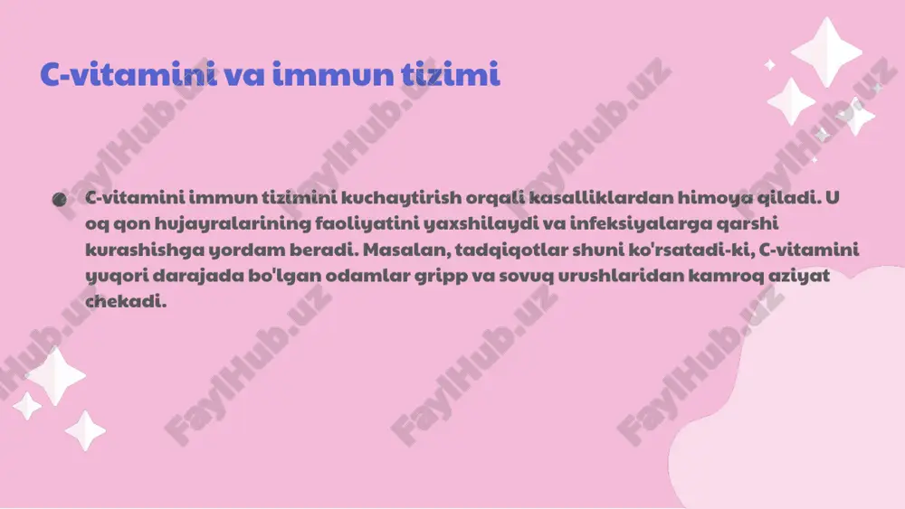 lashda e'tibor berish qo'shimchalarni tanlashda sifat, tarkib va ishlab chiqaruvchiga e'tibor berish muhimdir. allergik reaktsiyalarni hisobga olish kerak. c-vitamini yetishmasligi va uning sabablari oziq-ovqat manbalari c-vitamini yetishmasligi ko'pincha oziq-ovqat manbalarining yetishmasligi bilan bog'liq. meva va sabzavotlarni yetarlicha iste'mol qilmaslik ushbu vitaminni olishda muhim omil hisoblanadi. oziq-ovqat qabul qilish oziq-ovqat qabul qilishdagi muammolar, masalan, oshqozon-ichak kasalliklari, c-vitamini so'rilishiga to'sqinlik qilishi mumkin. bu holat vitamin yetishmasligini kuchaytiradi. genetik omillar genetik omillar ham c-vitamini yetishmasligiga ta'sir ko'rsatishi mumkin. ayrim odamlar genetik jihatdan vitaminni yaxshi so'ray olmaydilar yoki tez yo'qotadilar. boshqa omillar sog'liq holati, masalan, surunkali kasalliklar yoki stress ham c-vitamini ehtiyojini oshirishi mumkin. bunday omillar vitamin yetishmasligi xavfini orttiradi. c-vitamini yetishmasligining ta'siri immun tizimining zaiflashishi c-vitamini yetishmasligi immun tizimini zaiflashtiradi, bu kasalliklar rivojlanishini oshiradi. terida belgilar terida quruqlik va ajinlar paydo bo'ladi, rang o'zgaradi. energiya darajasining pasayishi energiya darajasi pasayadi, charchoq hissi kuchayadi. c-vitamini va surunkali kasalliklar c-vitamini yetishmasligi turli surunkali kasalliklar, jumladan, …