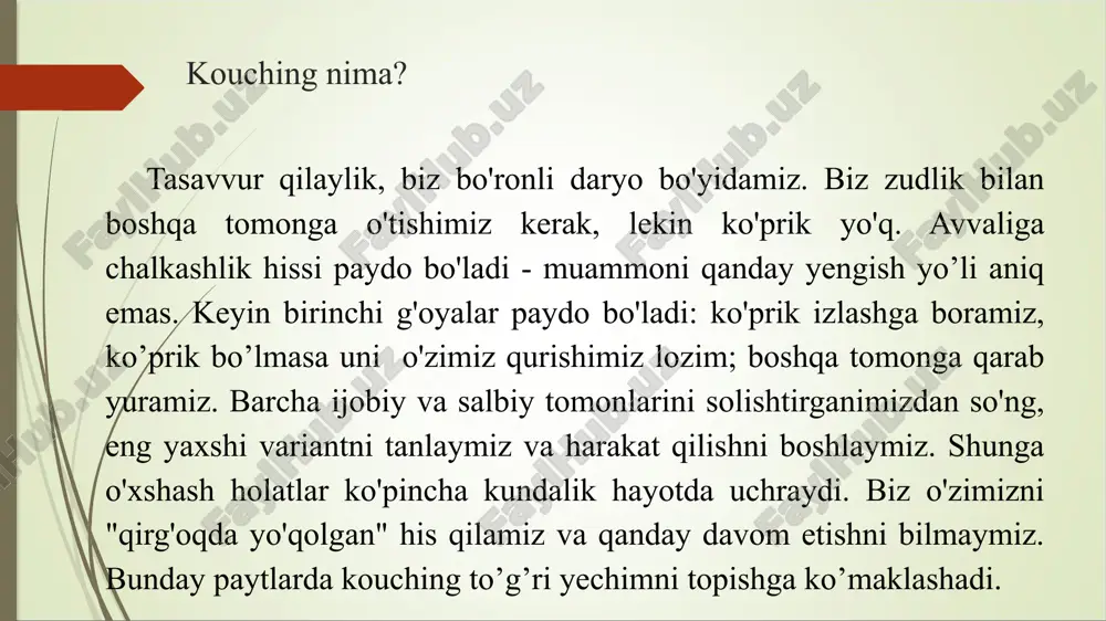 ini tezda hal qilish imkoniyatini ochadi. -biznes kouching. shaxsiy va jamoaviy ish faoliyatini yaxshilash uchun barcha darajadagi xodimlar uchun mashg'ulotlar o'tkaziladi. hayot yo'nalishida bo'lgani kabi, biznes-murabbiylar doimiy ravishda "barmoqlarini urishadi" - ular jarayonlarni nazorat qiladilar, kompaniyani rivojlantirish strategiyalarini malakali tayyorlashga yordam beradilar va yo'lda qiyinchiliklarni oldindan ko'rishadi. tashkilotning farovonligi ko'plab omillarga bog'liq. bilimning etishmasligi, ish yuki, ko'p vazifalar, munosabatlardagi muammolar - professional bilan ishlashda biznes jarayonlarining barcha "og'riqli nuqtalari" aniqlanadi. to'sqinlik qiluvchi omillar yo'q qilinadi, xodimlarning motivatsiyasi oshadi va munosabatlar yaxshilanadi. mashg'ulotlardan so'ng menejerlarga jamoaning kelajakda samarali ishlashi uchun batafsil ko'rsatmalar beriladi. -oilaviy murabbiylik. mutaxassis munosabatlarni uyg'un va iliq qilish uchun alohida qarindoshlar va barcha oila a'zolari bilan muloqot qiladi. guruh murabbiyligi inqirozni osonroq yengib o‘tishga, muammolarni janjalsiz hal qilishni o‘rganishga, maqsadlaringizga erishishga va uyda baxtliroq bo‘lishga yordam beradi. -moliyaviy murabbiylik. ushbu turdagi murabbiylik pulni qanday boshqarishni bilmaganlar uchun mos keladi. 5.uslub bo'yicha mashg'ulotlar turiga ko'ra murabbiylik yo'nalishlari ajratiladi. ulardan …