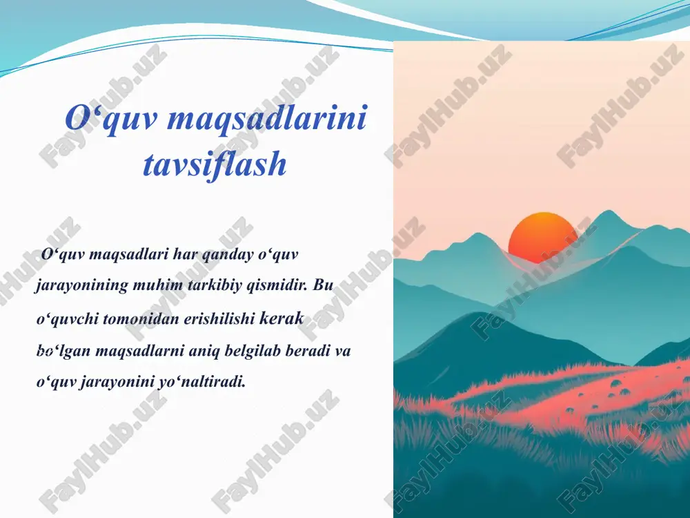 ni, metod va shakllari o'rtasidagi mustahkam uyg'unlikni ta'minlashi lozim. izchillik o'quv jarayonining barcha bosqichlari o'rtasida mantiqiy bog'liqlik va ketma-ketlik saqlanishi kerak. moslashuvchanlik o'quv rejasi o'quvchilarning yoshi, qiziqishlari va ehtiyojlariga mos ravishda moslashtirib borilishi lozim. 17 o'quv materiali va resurslarni tanlash 1 mavzularga mos materiallar darslik, qo'llanma, elektron resurslar ta'lim mavzusi va maqsadlariga to'liq mos kelishi kerak. 2 turli xil resurslar o'quvchilarni turli shakllar va usullar orqali jalb etish uchun ko'p turli resurslardan foydalanish lozim. 3 foydalilik va mavjudlik materiallar va resurslar qiziqarli, foydali va oson erisha oladigan mavjudlikka ega bo'lishi kerak. 18 o'quv jarayoniga talablarni shakllantirishdagi yondashuvlar. o'quvchi-markazli yondashuv o'quvchilarning qiziqish va ehtiyojlariga asoslangan ta'lim jarayoni. kompetensiyaviy yondashuv o'quvchilarning amaliy ko'nikmalarini shakllantirish asosiy e'tiborda bo'ladi. ijodiy yondashuv o'quvchilarning ijodiy fikrlash va yechimlarini rivojlantirishga yo'naltirilgan. integrativ yondashuv bir-biri bilan bog'liq bilim va ko'nikmalarni birgalikda o'rganish talab etiladi. 19 o'quv jarayonini amalga oshirishdagi metodik yechimlar interaktiv usullar o'quvchilarni faol ishtirokini ta'minlash uchun …