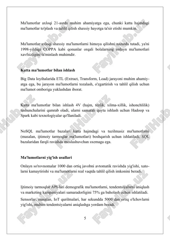 kutubxonalarni taqdim etadi. ma'lumotlarni qayta ishlash vositalariga misol bo'la oladigan microsoft excel, 65,536 qator va 256 ustunga ega bo'lgan jadvalda murakkab hisoblarni avtomatlashtirishga yordam beradi. ma'lumotlarga asoslangan qarorlar qabul qilish a/b testing kabi usullar orqali 2 xil variantni sinab, eng yaxshi natija bergan yechimni aniqlash va qaror qabul qilish imkoniyati mavjud. katta hajmdagi ma'lumotlar (big data) tahlili orqali 360 gradusli tushunchaga erishiladi, bu esa mijozlar xatti-harakatini to'liq anglashga imkon beradi. ma'lumotlarga asoslangan qarorlar 75% darajada aniq bo'lishi mumkin, chunki ular tasdiqlangan faktlarga asoslanadi va taxminlarga emas. ma'lumotlar bazalari va ma'lumotlar omborlari ma'lumotlar bazalari tranzaktsiyalar uchun optimallashtirilgan, tezkor yozuvlar va o'zgarishlar uchun mo'ljallangan, masalan, onlayn-do'konlardagi inventarizatsiya yangilanishi, ma'lumotlar omborlari esa analitik so'rovlar uchun. ma'lumotlar omborlari odatda ko'p manbalardan olingan ma'lumotlarni o'z ichiga oladi, shu jumladan erp tizimlari, crm va tashqi ma'lumotlar, bu esa biznesning 360 graduslik ko'rinishini ta'minlaydi. ma'lumotlar bazalari acid (atomicity, consistency, isolation, durability) xususiyatlariga ega bo'lsa, ma'lumotlar omborlari tarixiy …