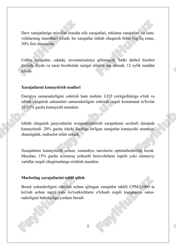 z xarajatlari, bank to'lovlari va boshqa shu kabi xarajatlarini baholash orqali rentabelligini aniqlaydi. moliyaviy xarajatlar tahlili soliqqa ta'sirini ham o'rganadi, chunki foiz xarajatlari soliqqa tortiladigan daromadni kamaytiradi va soliq yukini 20% gacha kamaytirishi mumkin. davr xarajatlarini boshqarish strategiyalari davr xarajatlarini boshqarishda byudjet nazoratidan foydalaning, bu orqali har bir davr uchun belgilangan xarajatlar limitidan oshmaslikka harakat qilinadi va samaradorlik oshiriladi. marketing xarajatlarini tahlil qiling va optimallashtiring: har bir reklama kampaniyasining roi (investitsiya daromadliligi) ko'rsatkichlarini baholab, foydasizlarini bekor qiling. ma'muriy xarajatlarni kamaytirish uchun biznes jarayonlarini avtomatlashtirish, ofis maydonini ixchamlashtirish va xodimlarning malakasini oshirish orqali 15% gacha tejash mumkin. buxgalteriya hisobida davr xarajatlarining ahamiyati davr xarajatlari, masalan, ijara va ish haqi kabi, mahsulot narxiga bevosita bog'liq emas, lekin umumiy moliyaviy natijalarga sezilarli ta'sir ko'rsatadi. buxgalteriya hisobida davr xarajatlari daromad hisobotida darhol aks etadi, ishlab chiqarish xarajatlari esa inventarizatsiya orqali keyingi davrga o'tkazilishi mumkin. davr xarajatlarini tahlil qilish menejerlarga marketing, reklama va ma'muriy xarajatlar …