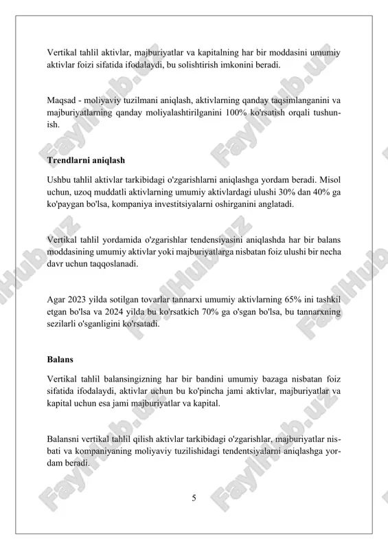 foizi sifatida ifodalaydi, bu esa 100%ga teng bo’ladi, bu nisbiy hajmni aniqlashga yordam beradi. aktivlar, majburiyatlar va kapital balansning asosiy bo'limlari bo'lib, har biri vertikal tahlil orqali tashkilotning moliyaviy tuzilishiga qo'shgan hissasi 100% ichida baholanadi. savol-javob "savol-javob" ko'pincha o'zbek ta'lim tizimida qo'llaniladi, bunda o'quvchilarning bilimi 20-30 daqiqa davomida og'zaki savollar orqali sinovdan o'tkaziladi. ba'zan "savol-javob" o'zbek mentalitetida shaxsiy munosabatlarni o'rnatish uchun 5-10 ta oddiy savol berish orqali suhbat boshlash uchun ishlatilishi mumkin. "savol-javob" atamasi "savol va javob" degan ma'noni anglatadi, bu o'zbek tilida savol-javob shaklidagi o'quv yoki test usulini ifodalaydi. qiyosiy tahlil u gorizontal tahlil bilan birga ishlatiladi, bunda aktivlar, majburiyatlar va kapitalning har bir elementi uchun foizdagi o'zgarishlar hisoblab chiqariladi. qiyosiy tahlil, aksariyat hollarda kompaniya o'sishi, barqarorligi yoki salbiy tendensiyalarni aniqlash uchun muhim ko'rsatkichlar hisobini yuritishga yordam beradi. qiyosiy tahlil, bu balansning 2 yoki undan ortiq davrdagi ko'rsatkichlarini solishtirish orqali kompaniyaning moliyaviy holatidagi o'zgarishlarni baholash usulidir. kirish kirishda, balansdagi …