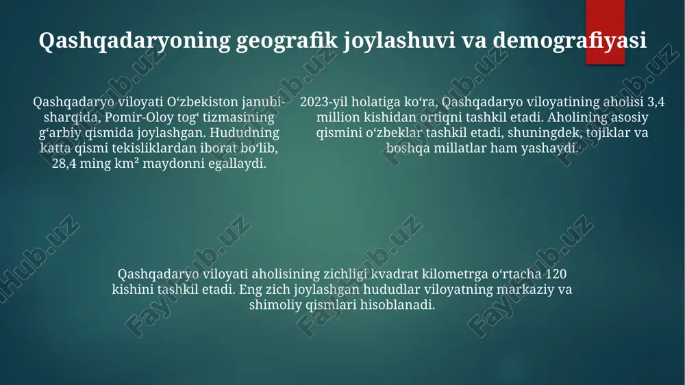 san'at: hunarmandchilik va to'qimachilik qashqadaryoning gilamlari, ayniqsa, kitob va shahrisabz tumanlarida, o'zining tabiiy bo'yoqlari va 150-200 yil davomida saqlanib qolgan geometrik naqshlari bilan mashhur. qashqadaryo kulolchiligi o'zining 6-7 xil tabiiy ranglardan foydalanishi bilan ajralib turadi; ularning sirli sirlari va shakllari 3000 yillik tarixga ega. kashtachilikda, ayniqsa, suzani san'atida ipak va paxta iplari qo'llaniladi; unda anor, bodom va gul kabi ramziy ma'nolarga ega 10-12 xil element tasvirlanadi. qashqadaryo tarixining qisqacha tavsifi qashqadaryo hududi miloddan avvalgi iv asrda iskandar zulqarnayn imperiyasi tarkibiga kirgan, bu davrda muhim savdo va madaniy aloqalar rivojlangan. amir temur davrida xiv asrda qashqadaryo iqtisodiy va madaniy yuksalishga erishdi, ko'plab me'moriy obidalar qurildi va ilm-fan rivojlandi. vii-viii asrlarda qashqadaryo arablar tomonidan bosib olingan, islom dini keng tarqalgan va mahalliy madaniyat bilan uyg'unlashgan, natijada yangi an'analar shakllangan. xulosa va kelajak istiqbollari qashqadaryoning boy madaniy merosini 2024-2030-yillarda turizm sohasiga integratsiya qilish orqali, viloyat iqtisodiyotiga 15% hissa qo'shish maqsad qilingan. kelajakda qashqadaryoning …