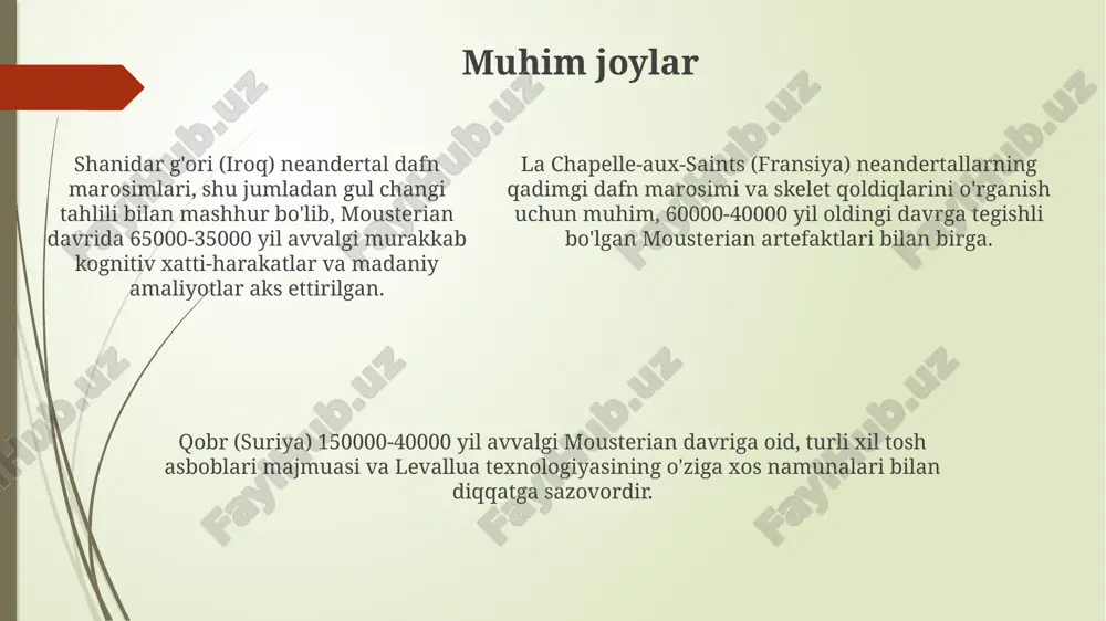 edi, bu esa 5-7 qadamdan iborat murakkab jarayon edi. geografik tarqalish movster madaniyati yodgorliklari asosan yevropa va yaqin sharqda 160,000 dan 40,000 yilgacha bo'lgan davrda, jumladan, fransiya, ispaniya va isroilda keng tarqalgan. movster texnologiyasi, shuningdek, osiyo qit'asida, jumladan sibir janubidagi o'zbekiston va oltoy tog'larida 200 ming yildan 40 ming yilgacha bo'lgan davrda ham qayd etilgan. movster texnologiyasi, shuningdek, osiyo qit'asida, jumladan sibir janubidagi o'zbekiston va oltoy tog'larida 200 ming yildan 40 ming yilgacha bo'lgan davrda ham qayd etilgan. mustye davri mustye davri, taxminan 300 000 yildan 30 000 yilgacha davom etgan, neandertallar bilan chambarchas bog'liq bo'lib, levallua texnikasi kabi o'ziga xos tosh qurollar texnologiyasini namoyish etadi. mustye arxeologik joylarida topilgan tosh qurollar asosan qirg'ichlar, uchburchaklar va o'tkir uchli qurollarni o'z ichiga oladi, bu esa neandertallarning moslashuvchan va mohir ovchi bo'lganligini ko'rsatadi. o'rta paleolit davriga to'g'ri keladigan mustye davri yevropa va yaqin sharq bo'ylab tarqalgan bo'lib, unda neandertallar ovchilik va terimchilik …