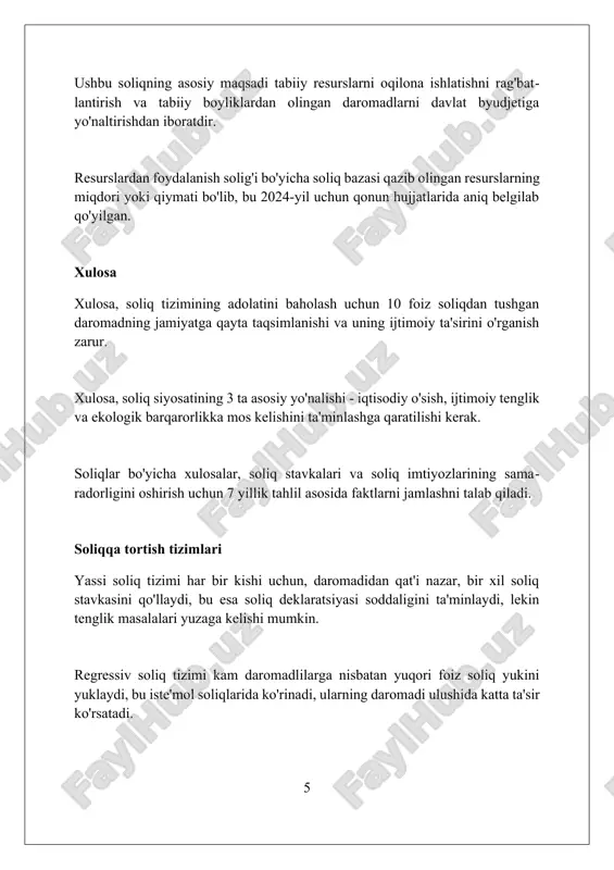 a nisbatan foizlarda belgilanadi, masalan 0.2% dan 2% gacha. jismoniy shaxslardan olinadigan mol-mulk solig'i imtiyozlar va chegirmalar o'zbekiston respublikasi qonunchiligida belgilangan muayyan toifadagi shaxslarga (masalan, pensionerlar, i va ii guruh nogironlari) taqdim etilishi mumkin. soliq stavkalari mol-mulkning turiga (uy-joy, kvartira, dala hovli) va joylashuviga qarab farqlanadi, lekin o'zbekiston respublikasi soliq kodeksida belgilangan chegaralardan oshmasligi kerak. jismoniy shaxslardan olinadigan mol-mulk solig'i mulkning kadastr qiymatidan kelib chiqib, har yili 1-yanvar holatiga ko'ra hisoblanadi va belgilangan muddatlarda to'lanadi. soliqlarning turlari: kirish soliq tizimi progressiv, regressiv va proporsional soliq stavkalarini oʻz ichiga oladi. progressiv soliqlar yuqori daromadlilardan koʻproq (25% gacha) yigʻadi, regressiv soliqlar esa kam daromadlilar uchun ogʻirlik qiladi. soliqlar bevosita (daromad soligʻi, mol-mulk soligʻi) va bilvosita (qqs, aksiz soligʻi) turlarga boʻlinadi. bevosita soliqlar 15% miqdorida daromaddan olinadi, bilvosita soliqlar esa tovar narxiga qoʻshiladi. soliqlar davlat byudjetining asosiy daromad manbai boʻlib, ijtimoiy xizmatlar, infratuzilma va mudofaa kabi muhim sohalarni moliyalashtirish uchun 30%dan ortiq mablagʻ …