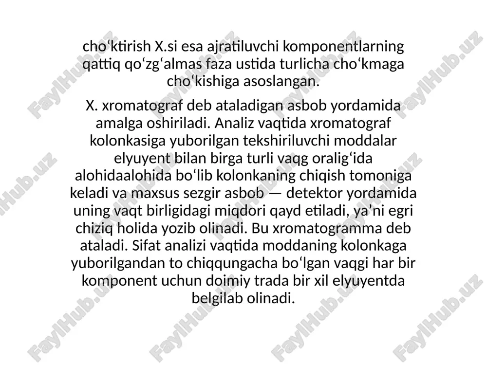 ilan harakatlanuvchi fazaning tarkibini oʻzgartirishi mumkin, bunday oqimlarning tarkibi gradient oqimi deb ataladi. eng koʻp ishlatiladigan detektorlar uv-vis, yorugʻlik chiqaradigan detektorlar (dad) va massa-spektrometriya (ms) detektorlari. koʻpgina hplc qurilmalari ham haroratni oʻzgartirishga imkon beradi.