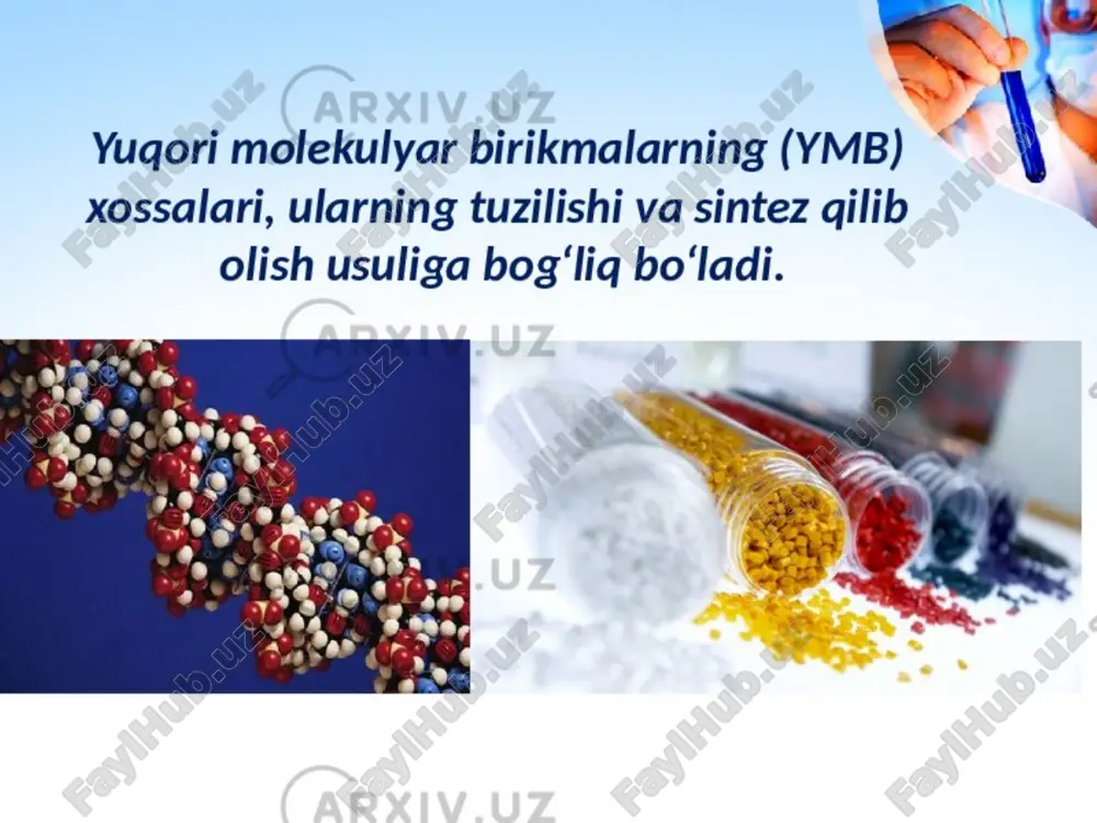 itib polimerlanadi. bunda o’rtacha molekulyar massasi 200000 – 300000 bo’lgan polietilen olinadi. etilenni atmosfera bosimi yoki past bosim (2 – 3 atm) ostida va metall organik kompleks katalizatorlar ishtirokida (sigler – natta katalizatori ticl4 va alr3) polimerlash. bunda o’rtacha molekulyar massasi 700000 atrofida bo’ladi. molekulyar tuzilishi: yuqori bosim ostida olingan polietilenning makromolekulalarida (n ≈1000) yon uglevodorodli c1 – c4 zanjirlar bo’ladi. past bosim ostida olingan polietilen amalda tarmoqlanmagan, shuning uchun bu material ancha zich. xossasi : termoplast oq rangli hamma rangga oson bo’yaladi, yupqa varag’i rangsiz va tiniq. paypaslanganda mumga o’xshash. zarbga ta’siri yo’q, yomon kleylanadi. suv, kuchli kislotalar va ishqorlar hamda ko’pgina organik erituvchilar ta’siriga chidamli. suvda shishmaydi. zichligi 0,92 - 0,96 g/sm3, zichligini oritishi bilan qattiqligi, uzilish chegarasigacha bo’lgan barqarorlik, yuza qatiqligi ortadi. boshlang’ich yumshash temperaturasi ≈80 – 120 oc. ishlatilishi : plyonka ishlab chiqarish uchun material (ayniqsa o’rash uchun), taralar (qop, yashik, bochka va hk), uy – …