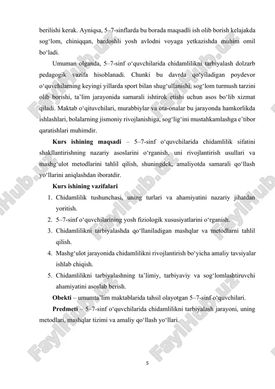 rgetik imkoniyatlari, mushaklar faoliyati, yurak-qon tomir va nafas olish tizimining samaradorligi bilan belgilanadi; psixologik nuqtayi nazardan esa – irodaviy kuch, motivatsiya, o‘zini boshqara olish qobiliyati bilan izohlanadi. shunday ekan, chidamlilik nafaqat jismoniy, balki ruhiy sifatlarni ham qamrab oladigan murakkab hodisadir. o‘quvchilar uchun chidamlilik – bu jismoniy mashg‘ulotlarda, sport o‘yinlarida, dars jarayonida o‘zini bardam tutish va faoliyatni sifatli davom ettirish imkoniyatini beradigan eng zaruriy sifatdir. ayniqsa, 5–7-sinflar davrida bola organizmi o‘sish va rivojlanishning eng faol bosqichida bo‘lgani uchun chidamlilikni shakllantirish muhim vazifalardan biri hisoblanadi[footnoteref:1]. [1: abdullayev a, xonkeldiyev sh, jismoniy tarbiya nazariyasi va uslubiyati. t., 2005 y.] 2. chidamlilikning turlari chidamlilik umumiy va maxsus ko‘rinishda namoyon bo‘ladi. · umumiy chidamlilik – bu organizmning uzoq davom etadigan harakat faoliyatiga (masalan, uzoq masofaga yugurish, velosiped haydash, suzish) bardosh bera olish qobiliyatidir. bu ko‘proq yurak-qon tomir va nafas olish tizimlarining rivojlanganlik darajasi bilan belgilanadi. · maxsus chidamlilik esa muayyan sport turi yoki jismoniy mashq …