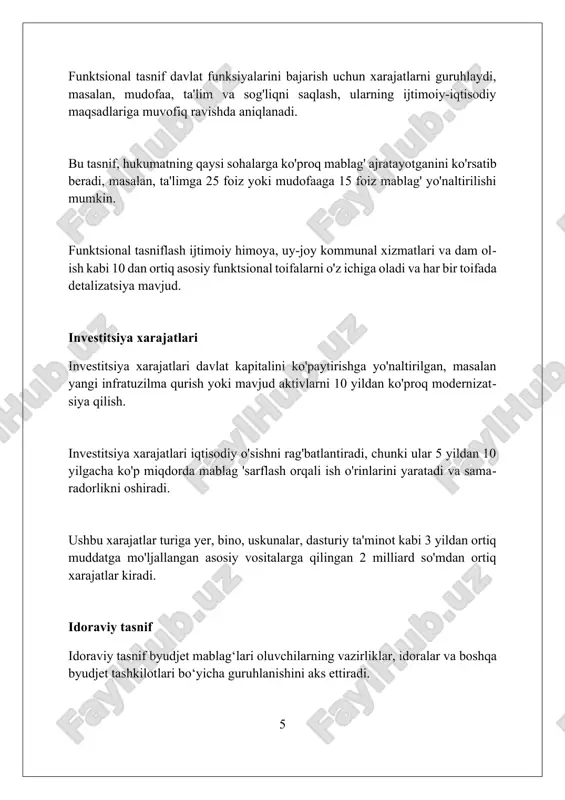 rajatlarining asosiy maqsadi iqtisodiy o'sishni ta'minlash, aholi farovonligini oshirish va davlat xizmatlarini ko'rsatishdir, bunda har bir soha uchun aniq moliyaviy limitlar belgilanishi muhim. byudjet xarajatlari tasnifi davlat siyosatining ustuvor yo'nalishlarini aks ettiradi, masalan, ta'lim, sog'liqni saqlash va mudofaa xarajatlari mamlakat rivojlanish strategiyasining muhim qismlaridir. xulosa xulosaga ko'ra, byudjet xarajatlarining 15% ijtimoiy sohalarga yo'naltirilishi aholining farovonligini oshirish va tengsizlikni kamaytirishga yordam beradi. byudjet xarajatlari turlarini tahlil qilish natijalari shuni ko'rsatdiki, 30% investitsiya xarajatlari kelajakdagi iqtisodiy o'sish uchun muhim ahamiyatga ega. xulosa shuni ko'rsatadiki, byudjet xarajatlarini samarali boshqarish uchun ustuvorliklarni aniqlash va 20/80 qoidasi bo'yicha muhim sohalarga e'tiborni qaratish kerak. madaniyat va sport xarajatlari madaniyat va sport xarajatlari ijtimoiy sohani rivojlantirish uchun zarur bo'lib, ular orasida 20% teatr va muzeylarga, 30% sport inshootlariga ajratiladi. ushbu xarajatlar davlat byudjetining 5%ini tashkil etadi va aholi salomatligini mustahkamlash, madaniy merosni saqlash kabi maqsadlarga yo'naltirilgan muhim resursdir. madaniyat va sport xarajatlari 3 asosiy yo'nalishga bo'linadi: sport …