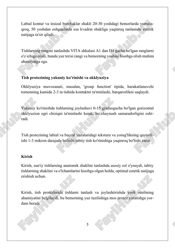 vchi tishlarning joylashuvi o'rta kesuvchilarning insizal uchi lateral kesuvchilardan taxminan 0,5-1 mm pastroqda joylashgan bo'lishi kerak, bu esa tabiiy tishlash ko'rinishini ta'minlaydi. yon kesuvchilar o'rta kesuvchilardan qisqaroq va torroq bo'lib, odatda 1-2 mm farq qiladi; bu xususiyat estetik jihatdan muhim hisoblanadi. yon kesuvchi tishlar o'rta kesuvchilarga nisbatan biroz medialroq (ichkariga) burilgan bo'ladi, bu esa yuzga tabiiy yumshoqlik beradi va muvozanatni saqlaydi. sun'iy tishlarni tanlashda anatomik omillar tishlarning bo'yin qismi alveolyar o'simtaning shakliga mos kelishi kerak va tishning gorizontal va vertikal o'lchamlari jag'ning o'lchamlariga mos ravishda aniqlanishi lozim. kesuvchi tishlarning uzunligi va kengligi labning to'liq qo'llab-quvvatlanishini ta'minlashi kerak; 8-10 mm kesuvchi tishlar odatda qulay estetik ko'rinish beradi. tishning vestibulyar yuzasining shakli va o'lchami yuzning shakliga mos kelishi kerak; masalan, uchburchak yuz uchun uchburchak tishlar, 1:1.618 oltin nisbatiga rioya qiling. tish o'lchamini aniqlash usullari burun kengligi usuli, burun qanotlari orasidagi masofani o'lchash orqali tishlar kengligini baholash uchun ishlatiladi, odatda 10-12 mm oralig'ida …