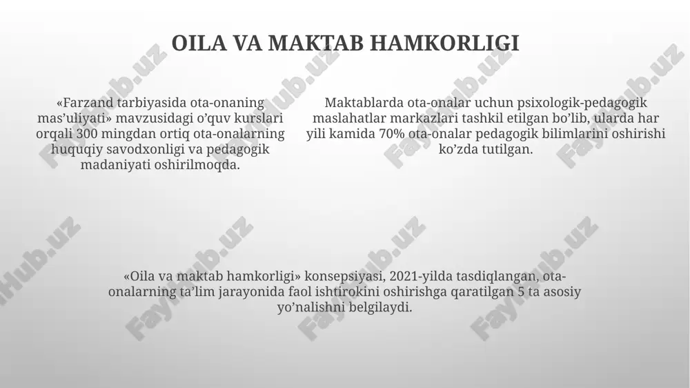 yordam bolalarning ta'lim olish imkoniyatlarini ta'minlash uchun 3 yoshdan 6 yoshgacha bo'lgan migrant bolalari uchun maktabgacha ta'lim muassasalari tashkil etiladi. migrant oilalariga ijtimoiy-pedagogik yordam 201-sonli qaror bilan tartibga solinadi, bu oilalarning ijtimoiy moslashuvi va integratsiyasiga ko'maklashadi. migrant oilalariga ijtimoiy-pedagogik yordam 201-sonli qaror bilan tartibga solinadi, bu oilalarning ijtimoiy moslashuvi va integratsiyasiga ko'maklashadi. ijtimoiy-pedagogik yordamning asosiy yo'nalishlari oilalarga ijtimoiy-pedagogik yordamning 1-yo'nalishi, bu ularning huquqiy savodxonligini oshirish, 5-modda asosida, bolalarning huquqlarini himoya qilish bo'yicha maslahatlar berishdir. ijtimoiy-pedagogik yordamning muhim 3-yo'nalishi - bu oiladagi nizolarni hal qilish, munosabatlarni yaxshilash, psixologik barqarorlikni ta'minlash va 4-bosqichda qo'llab-quvvatlashdir. 2-yo'nalish ota-onalarga 3 yoshgacha bo'lgan bolalarni tarbiyalashda ko'maklashish, pedagogik bilimlar berish va 7 ta asosiy ko'nikmalarni rivojlantirishga qaratilgan. ta'lim muassasalarida oila bilan ishlash ota-onalar universitetlari faoliyati oila bilan ishlashning muhim shakli hisoblanib, unda ota-onalarga 5-9-sinf o'quvchilari bilan munosabatlarda yordam ko'rsatiladi. maktablarda ota-onalar majlislari o'tkaziladi, ularda o'quvchilarning o'zlashtirishi, xulq-atvori va tarbiyasi masalalari muhokama qilinadi, shuningdek, 1-11-sinflar doirasida konsultatsiyalar beriladi. …