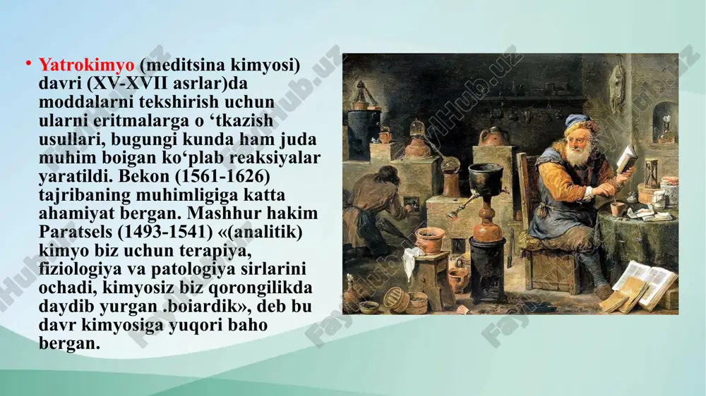nuniyatlarini aniqlaydigan fan». ko’rinib turibdiki, bu ta’riflar tashqi ko’rinishga o’xshash. lomonosov fizika fanlari muammolarini muntazam o’rganib chiqdi. u kimyo fanini o’rganishda fizikavey bilim va usullardan foydalanish muhimligini tushundi. 1752 yilda m.v.lomonosov talabalarga birinchi marta «haqiqiy fizik kimyo kursi» ( rus. vvedenie v istinnuyu fizicheskuyu ximiyu ) haqida ma’lumot berdi. lomonosov kimyoning asosiy qonunlaridan birini – kimyoviy o’zgarish paytida massaning saqlanish qonunini ishlab chiqdi. fizika asta -sekin kimyoni aniq fanga aylantirdi. moddalarning sifat xususiyatlari va ularning o’zaro ta’siri miqdoriy xususiyatlar bilan to’ldirildi. fizik kimyoning keyingi rivojlanishi issiqlik va elektr energiyasining kimyoviy jarayonlar jarayoniga ta’sirini o’rganuvchi olimlarning tadqiqotlari bilan bog’liq. kimyoviy reaktsiyalarda issiqlik chiqarish yoki yutilish jarayonlarini o’rganish termokimyoning boshlanishini ko’rsatdi. rus olimi k.i.gess fizik kimyoning asosiy qonunlaridan birini – kimyoviy transformatsiyalar paytida issiqlikni ushlab turish qonunini shakllantirdi. 5.fizik kimyoni o’rganish metodikasi fizik kimyo – zamonaviy kimyoning asosiy fundamental nazariyasi. nazariy usullarni o’rganishda fizikaning termodinamika, statik fizika va kvant fizikasi kabi muhim …