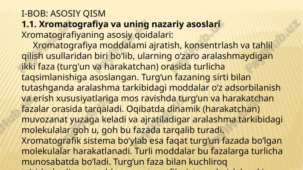 nalitik kimyo», ii qism, toshkent: o‘zbekiston, 2016. 3. perpiyev t.yu., «reagentlarning fizik-kimyoviy xossalari», toshkent, 2020. 4. alimov a.a., «kimyoviy analiz asoslari», toshkent, 2017. 5. muxitdinov z.m., «xromatografiya asoslari», toshkent, 2014. 6. saparov x.k., «tahlil nazariyasi», toshkent: o‘qituvchi, 2012. 7. juraev b.x., «kimyoviy analizda zamonaviy usullar», toshkent: fan, 2018. 8. gost r iso 10304-1-2015. anionlar va kationlar aniqlash bo‘yicha uslub. 9. kuleshov v.i., «metodi razdeleniya i analiza ionov», moskva: ximiya, 2001. 10. solovev a.n., «praktikum po analiticheskoy ximii», moskva: visshaya shkola, 2006. 11. sokolskiy d.v., «metodi ionnogo obmena», moskva: nauka, 1970. 12. lundin a.a., «xromatografiya», moskva: mir, 1998. e’tiboringiz uchun raxmat! image3.png image4.png image5.png image6.png image7.png image8.png image9.png image10.png image11.png image12.png image13.png /docprops/thumbnail.jpeg