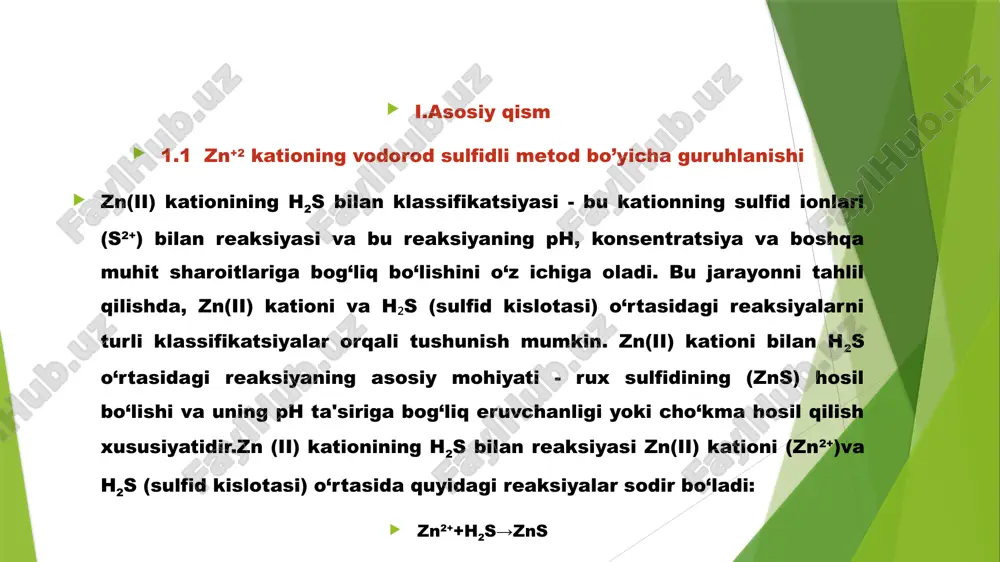ni kuzatgan bo‘lsangiz, bu sink kationi mavjudligini tasdiqlaydi. iii.xulosa rux (ii) kationining analitik kimyosi bo‘yicha o‘tkazilgan kurs ishi, ruxning kimyoviy xossalarini, shu jumladan uning analitik kimyoda qanday aniqlanishi va ajratilishi mumkinligini chuqur o‘rganishga yo‘naltirilgan edi. tadqiqot davomida rux (ii) kationi ning xossalari, analitik usullari va amaliy qo‘llanilishi hamda tajriba natijalari batafsil tahlil qilindi.rux(ii) kationining kimyoviy xossalari: ruxning kimyoviy xossalari, ayniqsa uning +2 oksidlanish darajasi (zn²⁺), boshqa metallar bilan reaksiyaga kirishish qobiliyati va amfoter xususiyatlari analitik kimyoda muhim o‘rin tutadi. iv.foydanilgan adabiyotlar khasanov, a. a. (2009). analitik kimyo asoslari. toshkent: "o‘qituvchi" nashriyoti. skoog, d. a., west, d. m., holler, f. j. (2014). analitik kimyo. toshkent: "fan" nashriyoti. mamedov, m. g. (2010). murakkab tizimlarning analitik kimyosi. toshkent: "uzbekistan" nashriyoti. qosimov, a. q. (2005). kimyo elementlari va ularning tahlili. toshkent: "fan" nashriyoti. dastan, e. (2003). metall kationlarini tahlil qilish metodlari. toshkent: "ilm" nashriyoti. garabedian, j. (1998). elementlar va ularning kimyoviy tahlili. toshkent: "o‘qituvchi" …