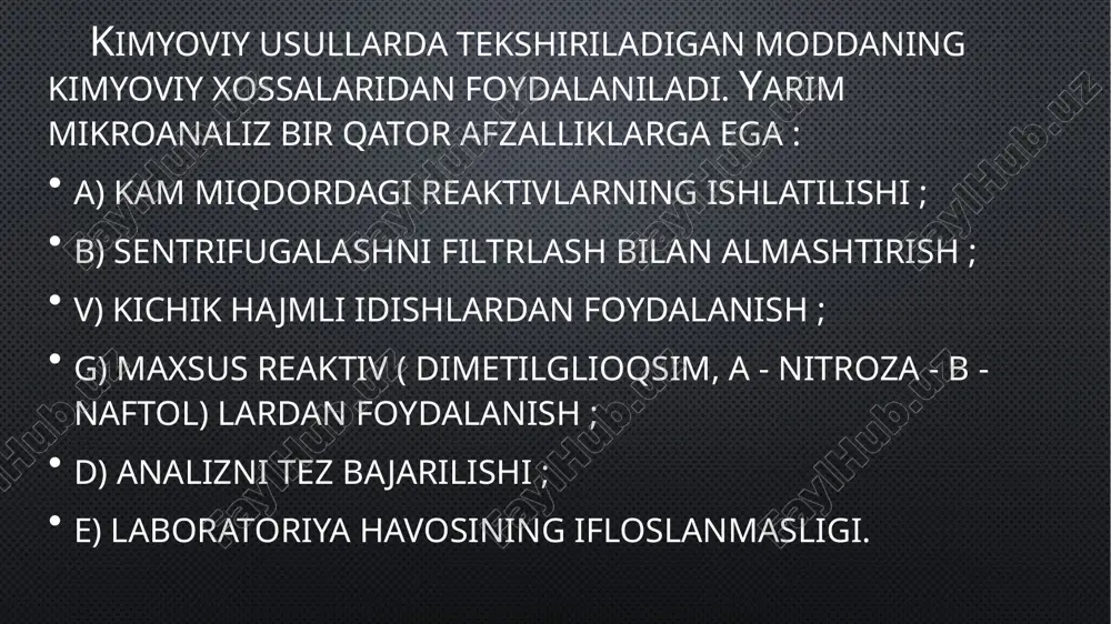 analiz usulini tanlash va baholashda aniqlanadigan moddaning xossalari, uni analizga tayyorlash va analiz qilish uchun sarflanadigan vaqt, analiz qilinuvchi obyektning tabiati, laboratoriya jihozlari, ularning zaruriy sezuvchanligi va aniqlik chegarasi kabilarga e'tibor beriladi. 3. har qanday ajratish va konsentrlash topish va aniqlash bilan bog'liq bo'lganligi uchun u gravimetriya, titrimetriya va boshqa aniqlash usullari bilan tugaydi. bunday usullar gibrid usullar deb ataladi. aytib o'tilgan konsentrlash usullaridan qaysi birini tanlash masalasi juda muhim. bu masalani hal qilish tekshiriladigan obyektning tabiati, uning kimyoviy tarkibi, moddani aniqlash uchun qo'llanilishi ko'zda tutilgan usul, tahlilning qancha cho'zilishi, laboratoriya sharoitida mavjud bo'lgan asbob va jihozlar, reaktiv va erituvchilar singarilarga bog'liq. foydalanilgan adabiyotlar. 1. kristian g. m,binom // analiticheskaya ximiya tom 1, 2009. 623 s. 2. kristian g. m,binom // analiticheskaya ximiya tom 2, 2009. 504 s. 3. vasilev v.p. analiticheskaya chimiya.visshaya shkola, 1989, v 2 kn 4. fayzullayev o, analitik kimyo, toshkent, ,,yangi asr avlodi”, 2006, 488 b. …