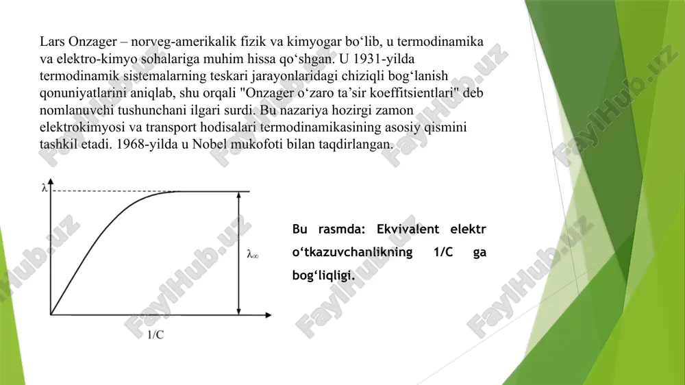. eritmadagi barcha h+ ionlarning oh- ionlari bilan to‘la neytrallanishi kuzatilmaguncha eritmaga ishqor quyishni yana davom ettirganimizda h+ ionlarining o‘rnini egallagan na+ ionlari va ayniqsa oh- ionlari hisobiga elektr o‘tkazuvchanlik yana ortib boradi. kislotalarni kuchli asos bilan konduktometrik titrlashda elektr o‘tkazuvchanlikning o‘zgarishi: a) kuchli kislotaning eritmasi; b) kuchsiz kislotaning eritmasi; v) kuchli va kuchsiz kislotalar aralashmasi; v- titrlash uchun ketgan ishqorning hajmi. eritmaning elektr o‘tkazuvchanligi kamayib boradi . lekin, oh- ionlarining elektr o‘tkazuvchanligi n+ ion-larining elektr o‘tkazuvchanligidan kichik (λon-  λn+) bo‘lganligi sababli, ekvivalent nuqtadan keyingi elektr o‘tkazuvchanlikning ortib borishi, uning qismidagi elektr o‘tkazuvchanlikning kamayib borishidan sekinroq bo‘ladi (vs chiziq av chiziqdan yotiqroq ko‘rinishga egadir). kuchsiz kislotani kuchli asos bilan titrlaganda, kam dissosilangan kuchsiz kislotaning o‘rniga uning kuchli dissosilanuvchi tuzi hosil bo‘lishi hisobiga elektr o‘tkazuvchanlik ortib boradi. ekvivalent nuqtadan so‘ng elektr o‘tkazuvchanlik gidroksil ionlarining paydo bo‘lishi hisobiga tezroq ortib ketadi va vs chiziq tikkaroq ko‘rinishga ega bo‘ladi. kuchli va kuchsiz …