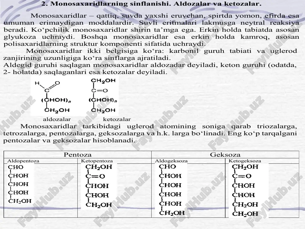 oh oh oh ch 2 oh ho o h h h h h o oh oh ch 2 oh oh ho h h h h h o oh oh ch 2 oh ho h oh h h h h yoki β-anomer α-anomer xeuors formulasida ifodalashni soddalashtirish maqsadida k o‘pincha halqaning uglerod va vodorod atomlari yozilmaydi. tautomeriya. monosaxaridlar qattiq holatda halqali shaklda mavjud bo‘ladi. d-glyukoza qaysi erituvchida kristallanganiga k o‘ra yoki α-d- glyukopiranoza (spirt yoki suvda) yoki β-d-glyukopiranoza (piridinda) shaklda bo‘lishi mumkin. α-d-glyukopiranoza suvda β-d-glyukopiranozaga nisbatan qiyinroq eriydi. ular solishtirma nur tekisligini burish burchagining qiymati bo‘yicha farqlanadi (α-anomerda: +112º; β-anomerda: +19º). qaysi anomer bo‘lishidan qat’iy nazar, yangi tayyorlangan eritmalar vaqt o‘tishi bilan solishtirma burish burchagining o‘zgarishi doimiy, ya’ni +52,5º bo‘lguncha o‘zgarib turadi. uglevodlar eritmalarida qutblangan nur tekisligini burish burchagining vaqt bo‘yicha o‘zgarishi mutarotatsiya deyiladi. mutarotatsiyaning kimyoviy mohiyati shundaki, monosaxaridlar (oligo - va polisaxarid tarkibidagi monosaxarid qoldig‘i) muvozanatdagi tautomerlar aralashmasi – ochiq …